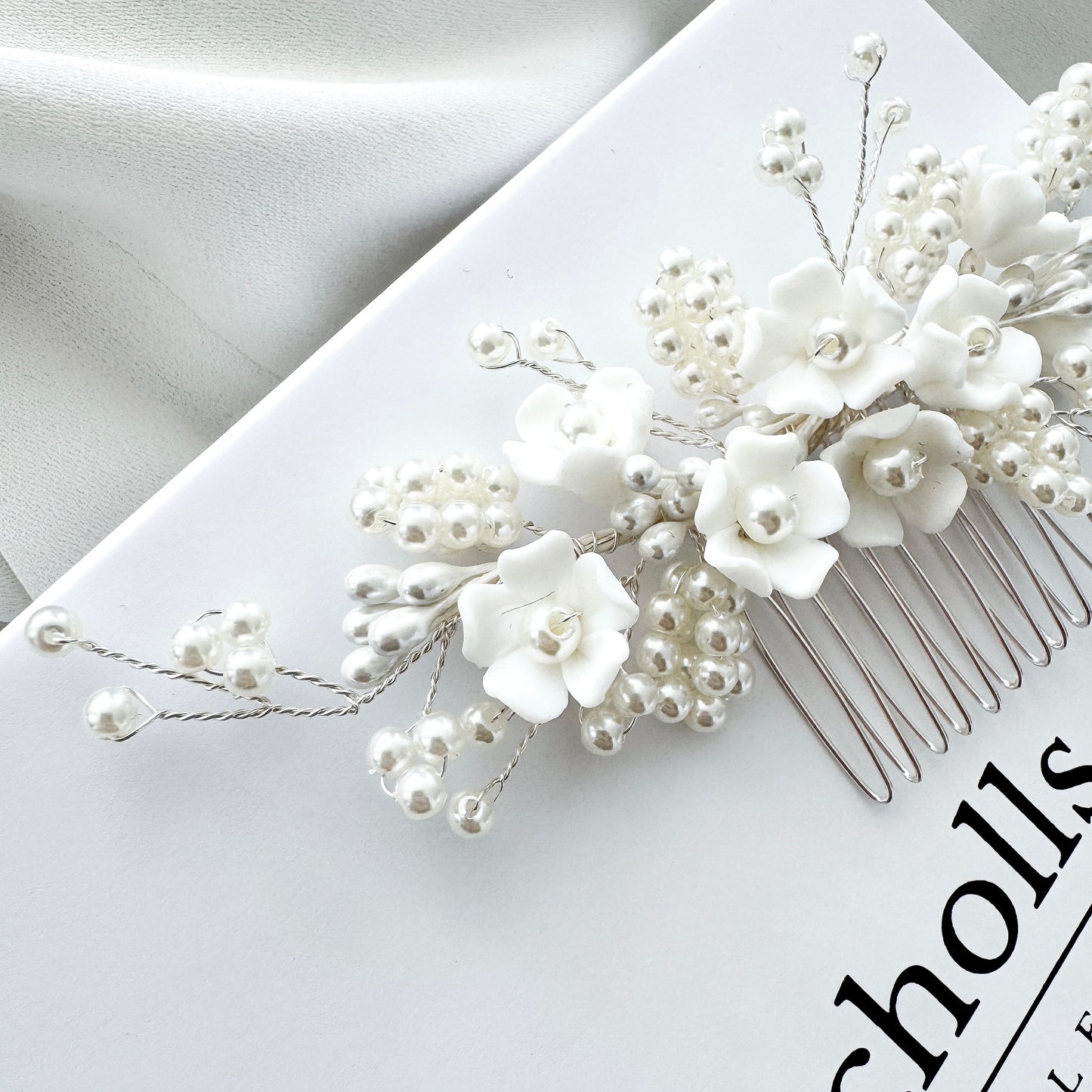 Wedding Bridal Hair Comb with Porcelain Flowers and Ball Pearls
