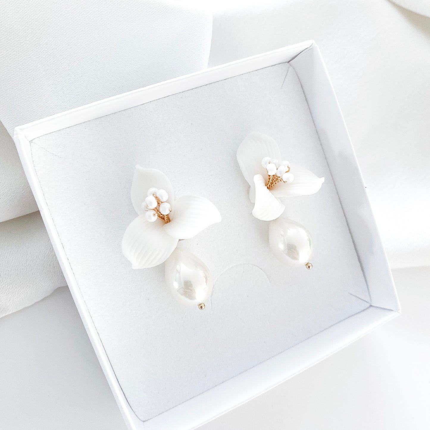 Pretty porcelain 3 petal flower and teardrop pearl earrings