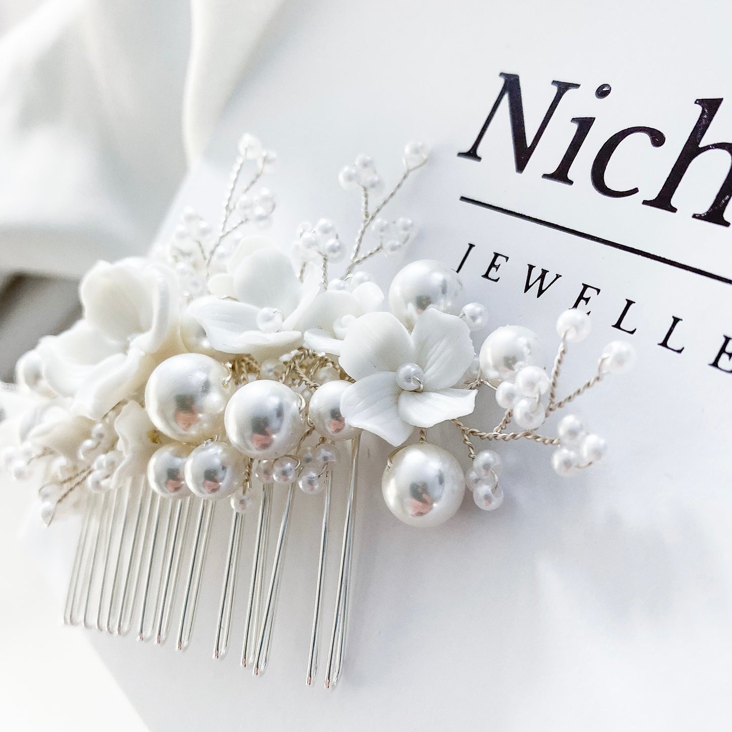 Porcelain Flower and Pearl Spray Earring and Comb Set