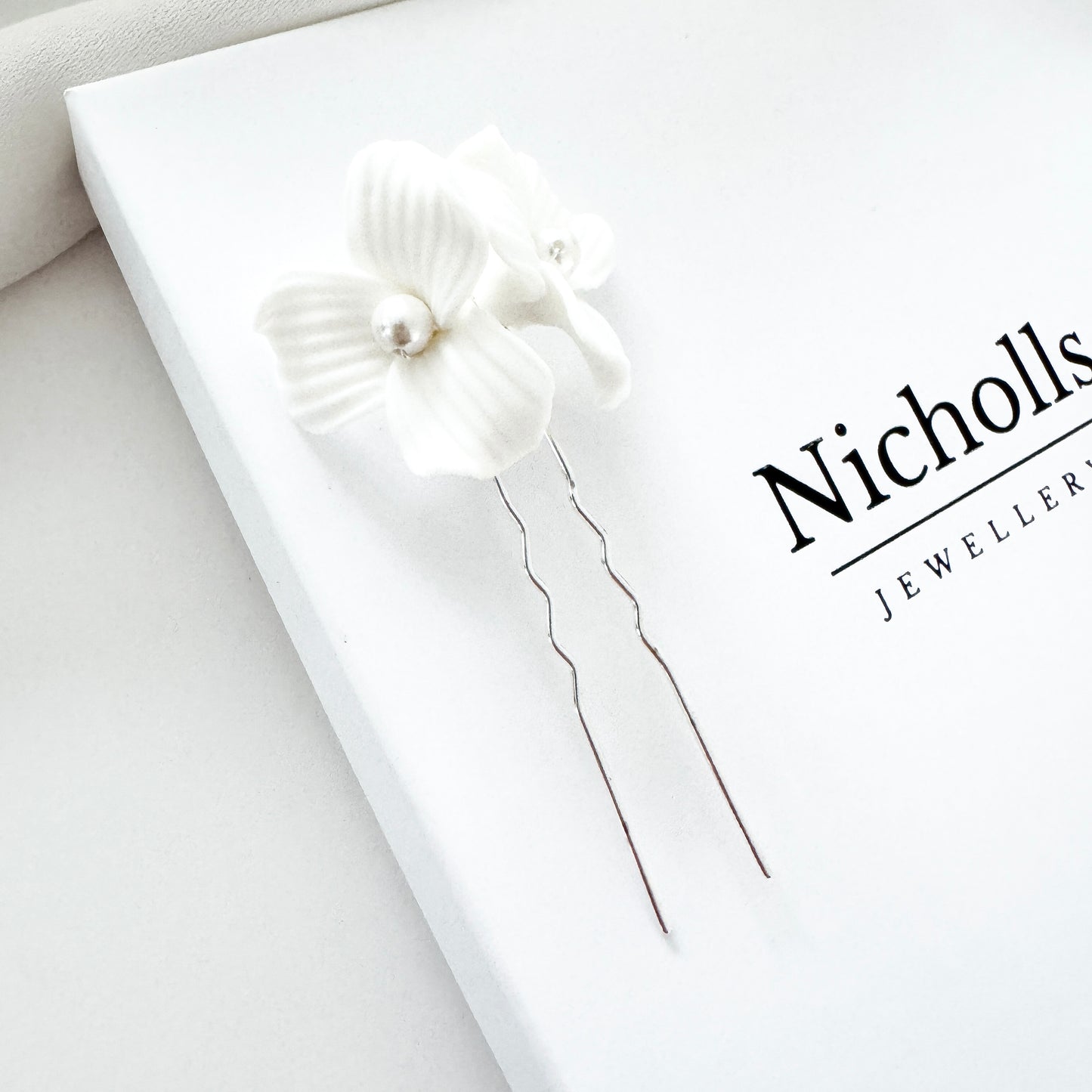 Delicate Porcelain Flower & Pearl Stud Earrings with matching Porcelain Flower Hair Pins