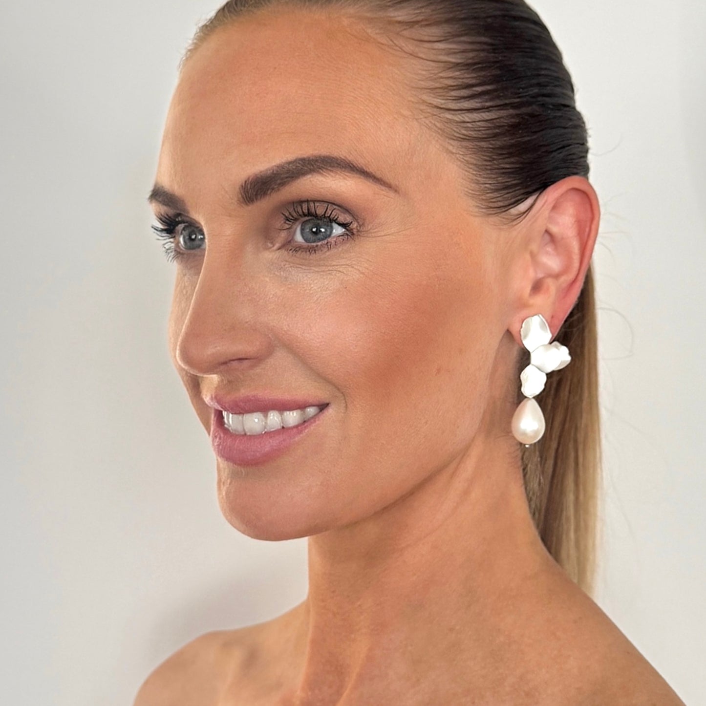 Silver Folded Flower Earrings with Chunky Teardrop Pearl