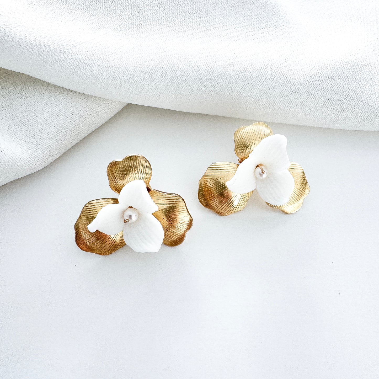 Gold Petal and Porcelain Flower Stud Earrings