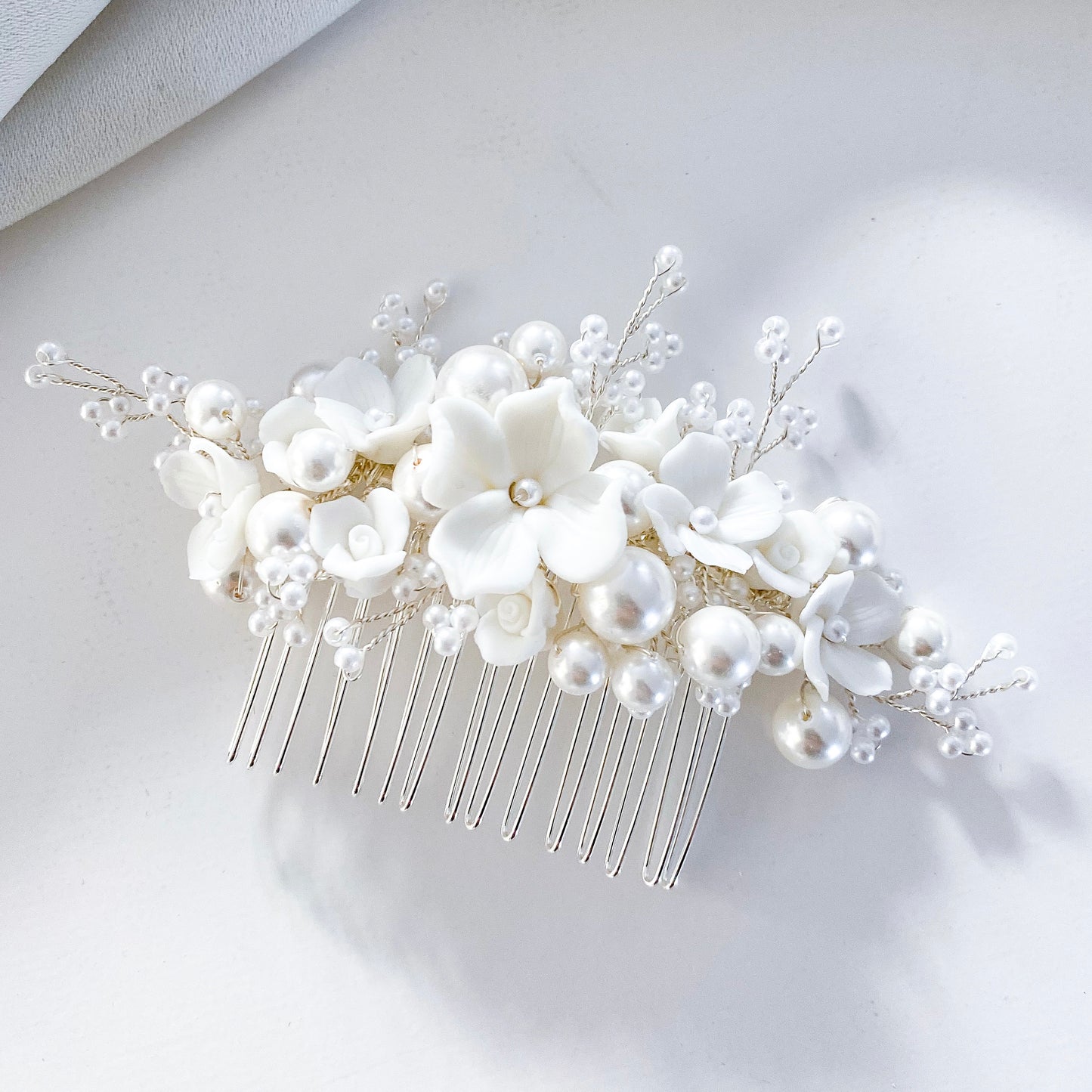 Porcelain Flower and Pearl Spray Earring and Comb Set