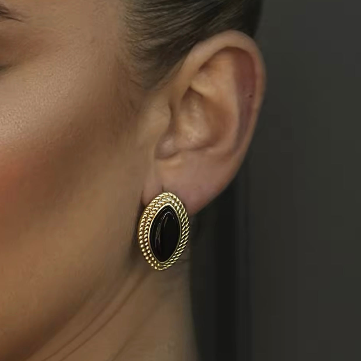 Oval Diamond Shape Black Stone 18k Gold Earrings