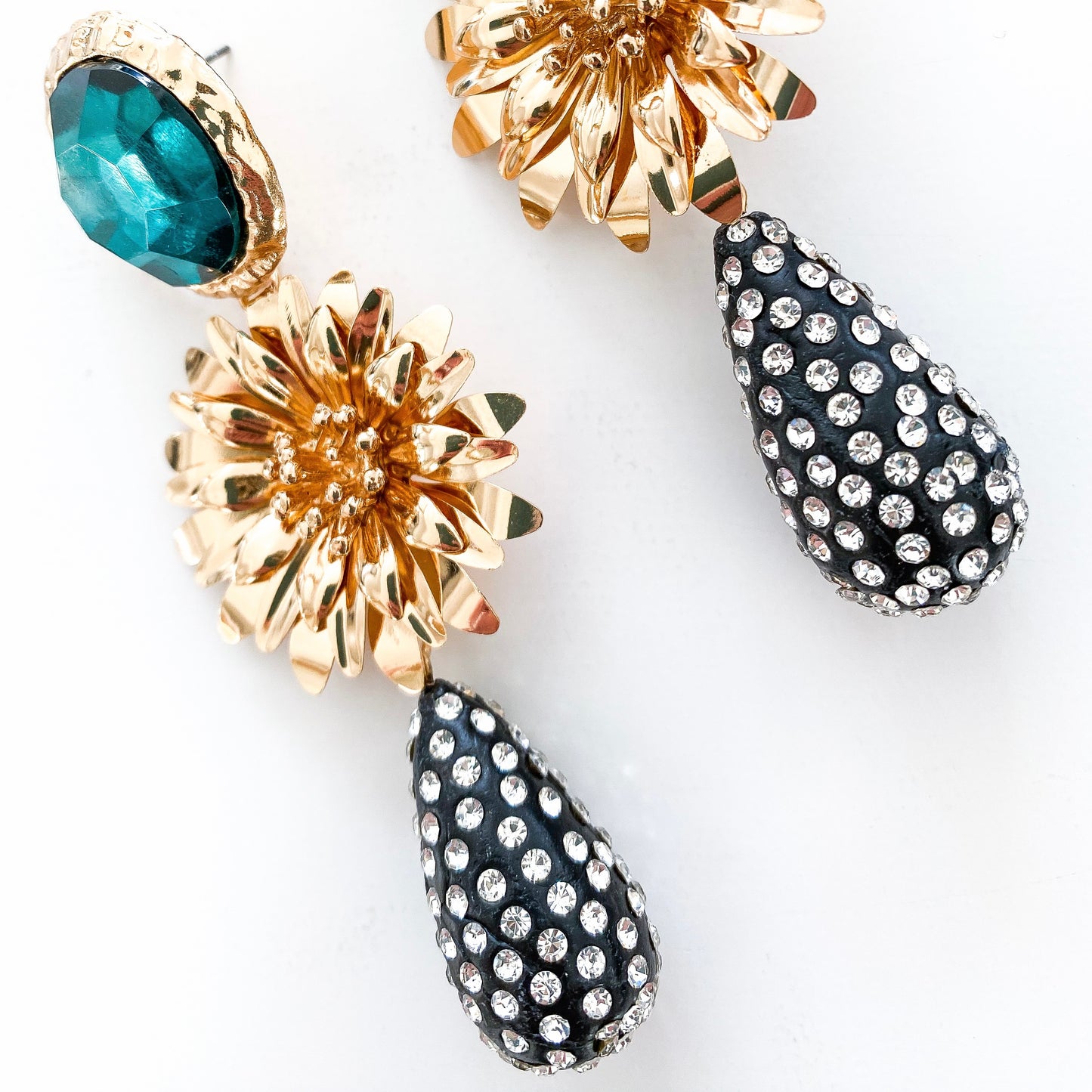 Statement Emerald Stone Gold Flower Crystal Drop Earrings