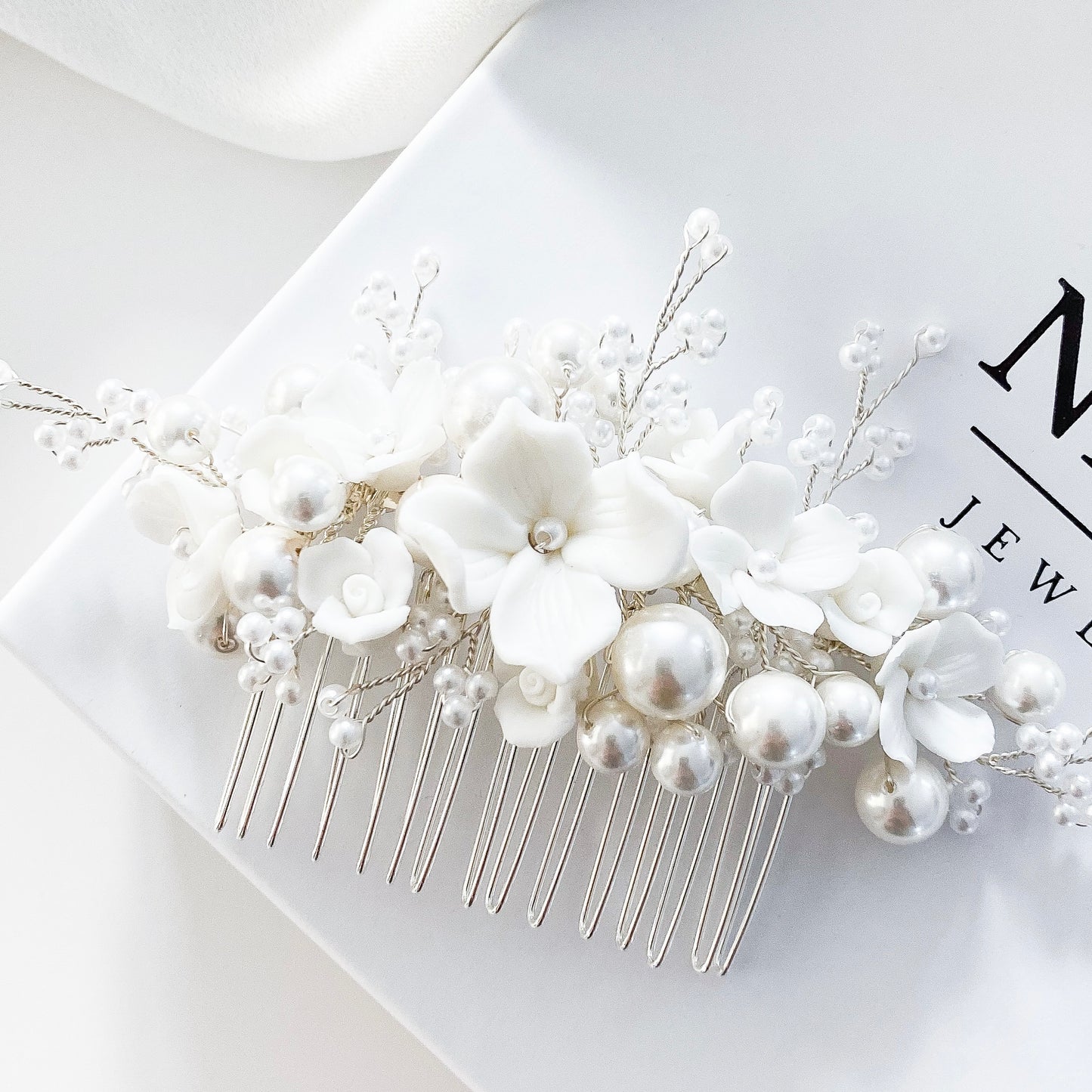 Porcelain Flower and Pearl Spray Earring and Comb Set