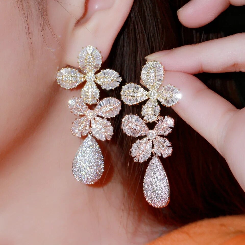 Deluxe Gold, Rose Gold and Silver Crystal Flower Earrings