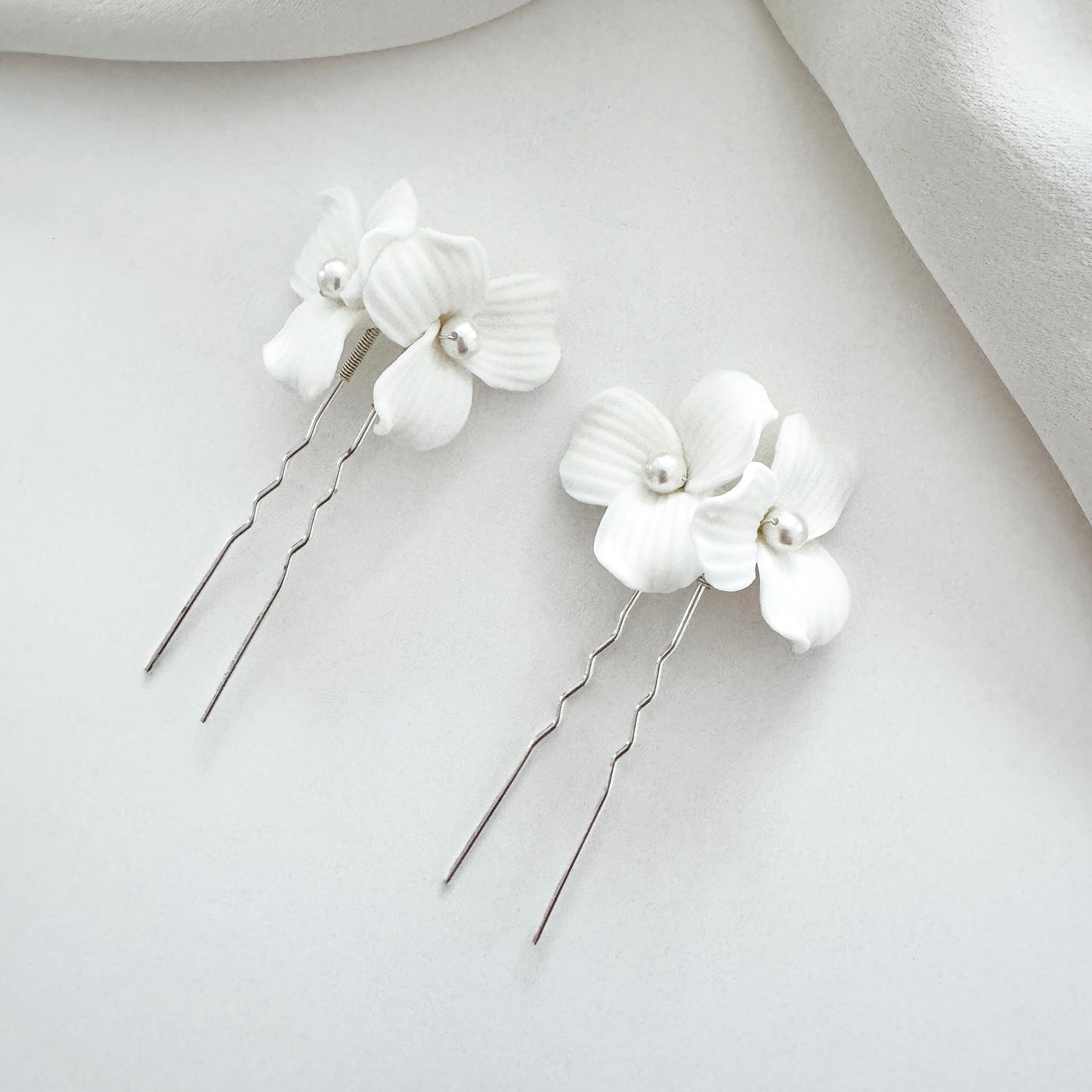 Delicate Porcelain Flower & Pearl Stud Earrings with matching Porcelain Flower Hair Pins