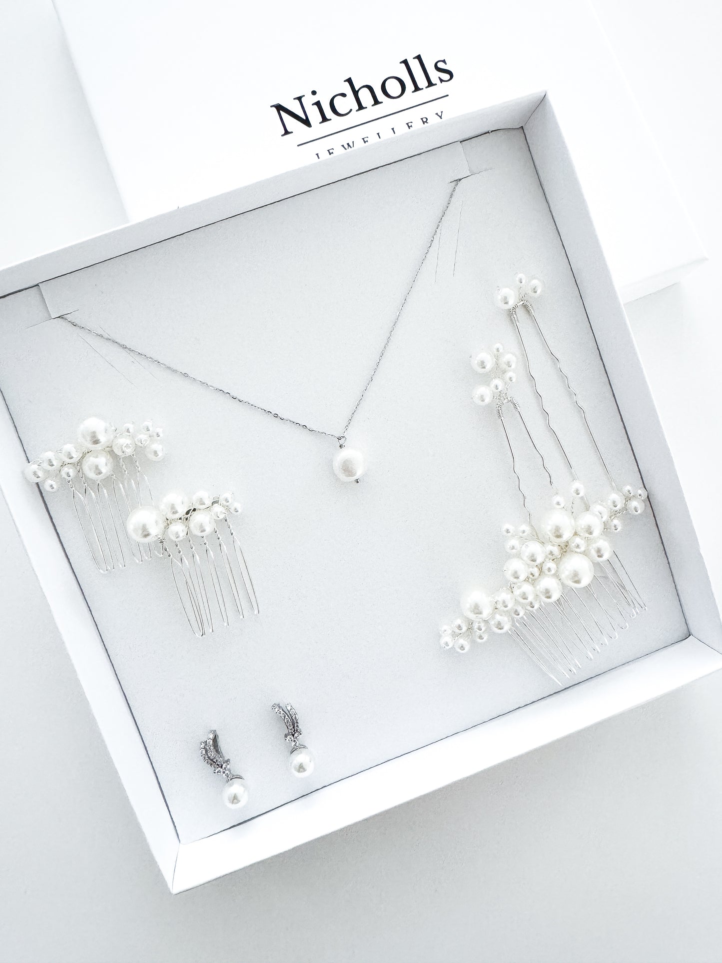 Wish Bone Crystal and Pearl Earring, Comb and Necklace Set