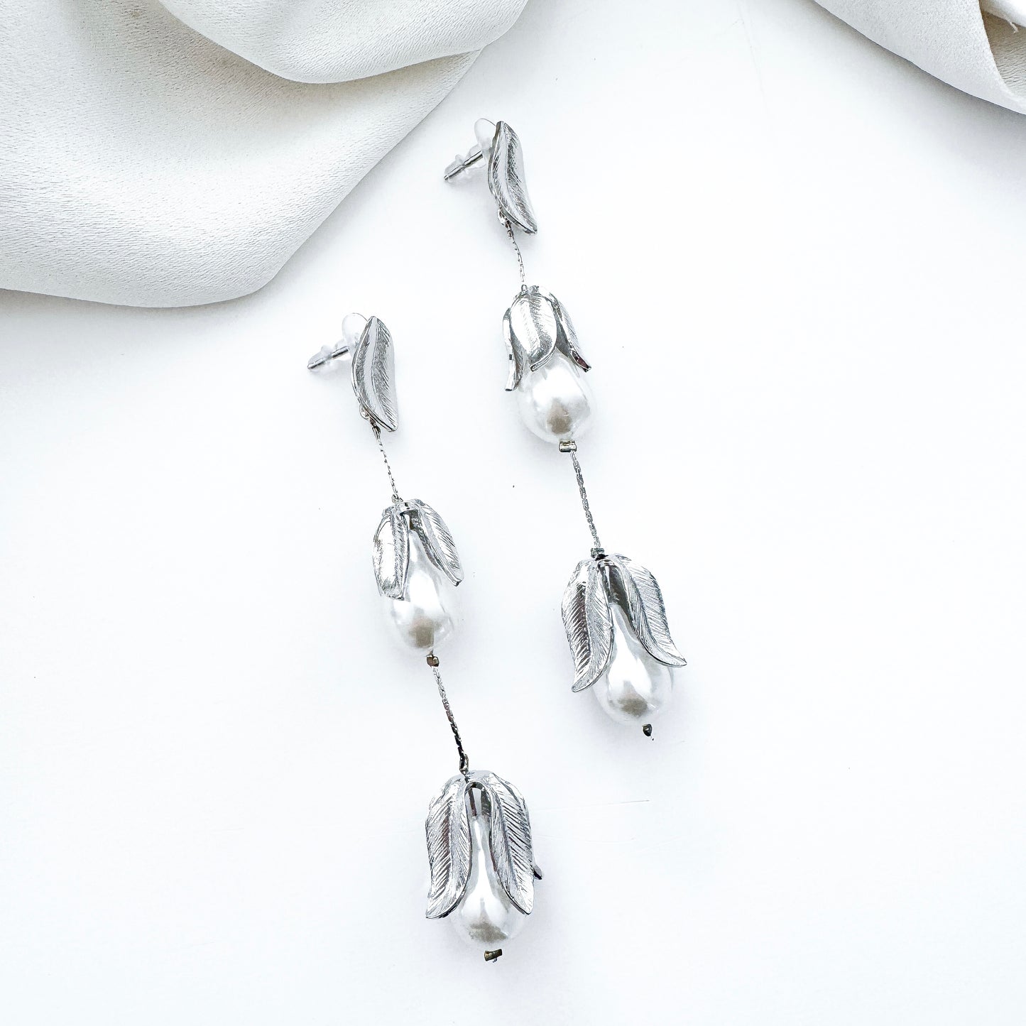 Silver Leaf and Pearl Drop Earrings - Bridal, Holiday and Party Jewellery
