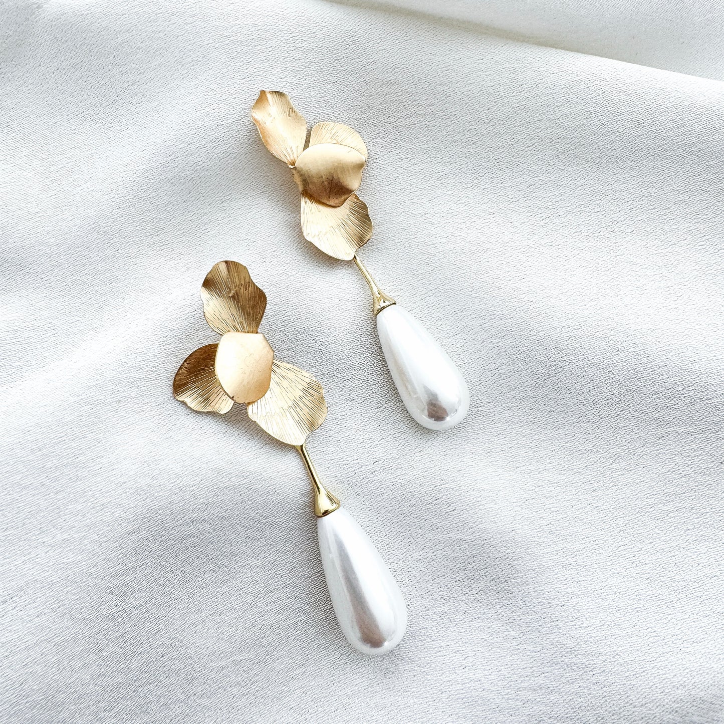 Gold Folded Flower and Teardrop Pearl Earrings