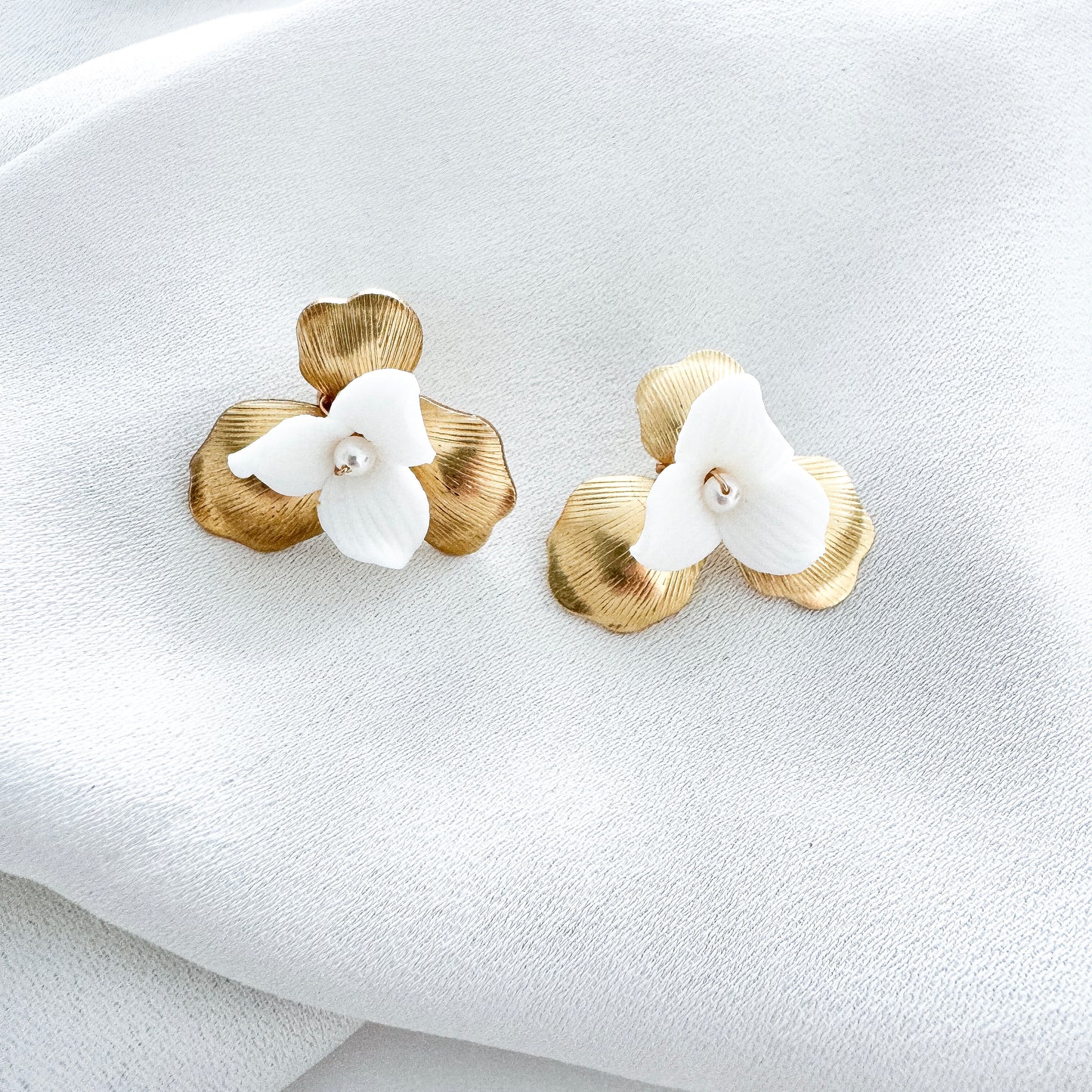 Gold Petal and Porcelain Flower Stud Earrings