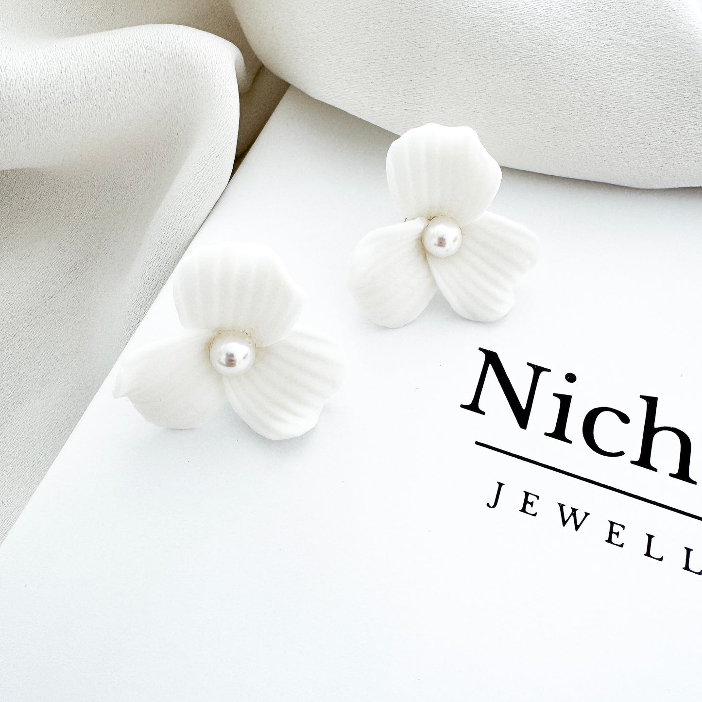 Delicate Porcelain Flower & Pearl Stud Earrings