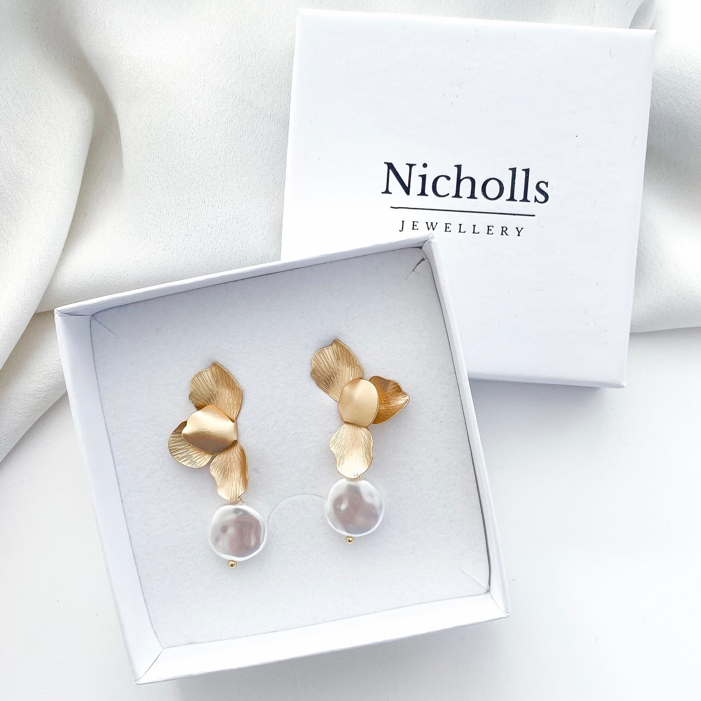 Gold Folded Flower Pearl Earrings