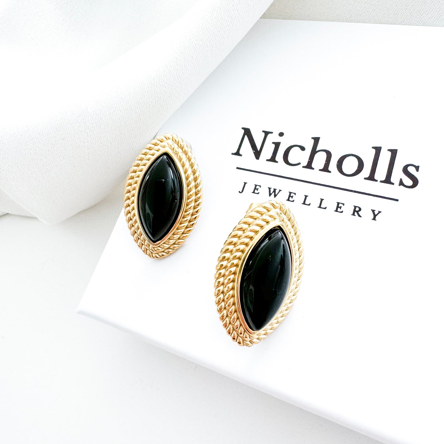 Oval Diamond Shape Black Stone 18k Gold Earrings