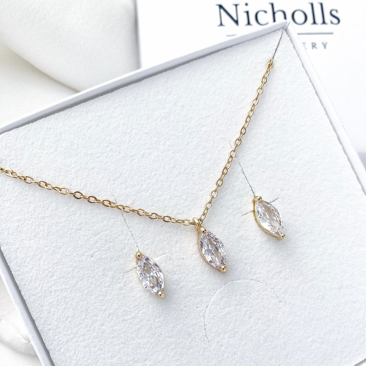 Marquise Crystal Necklace and Earring Set Gold