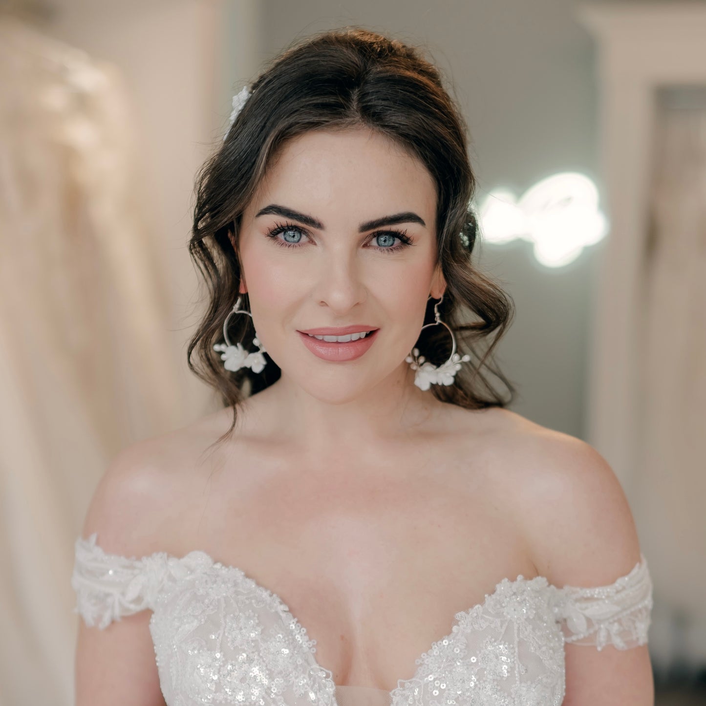 Porcelain Flower Pearl Spray Hoops