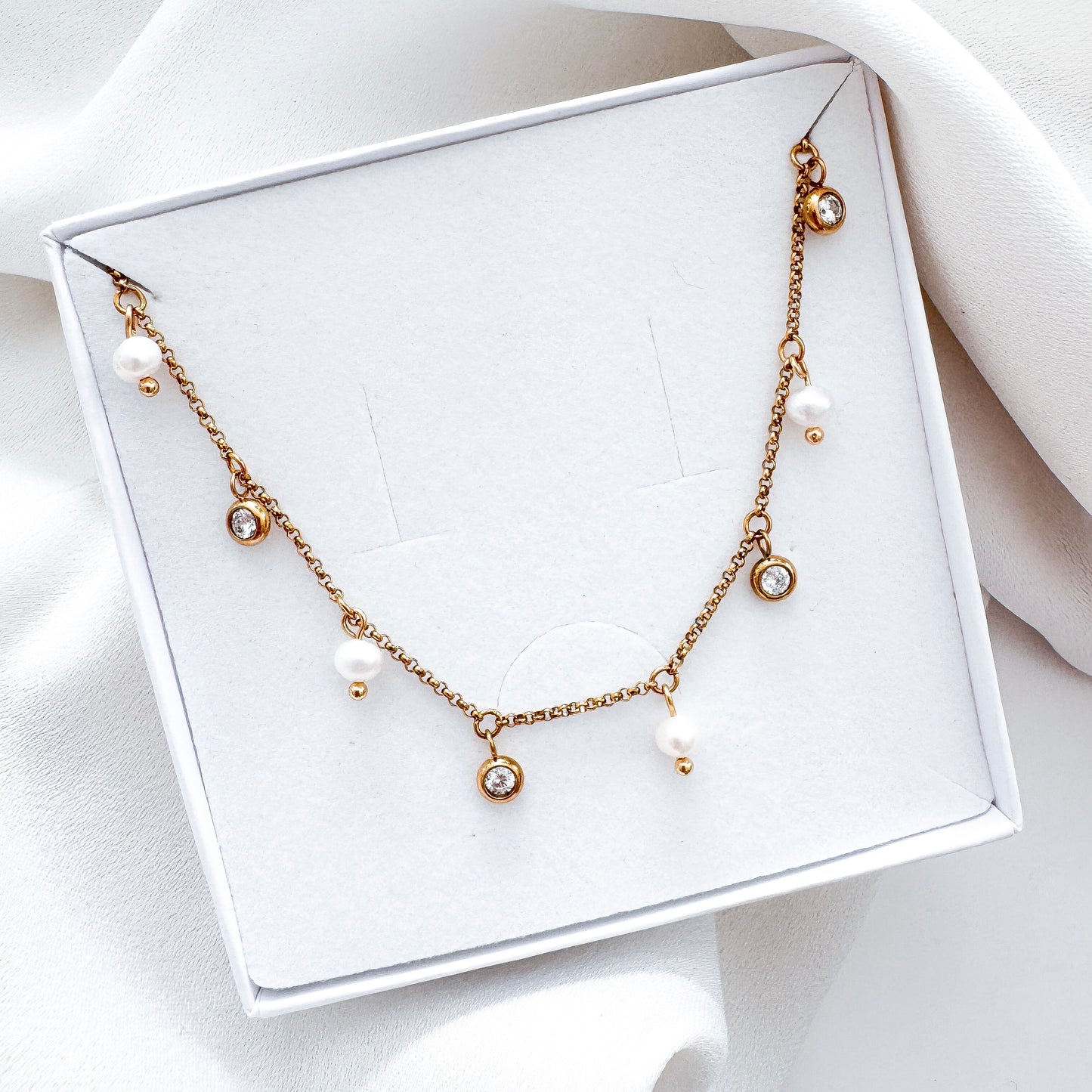 Pearl & Crystal Charm Necklace | Waterproof 18k Gold Plated Necklace