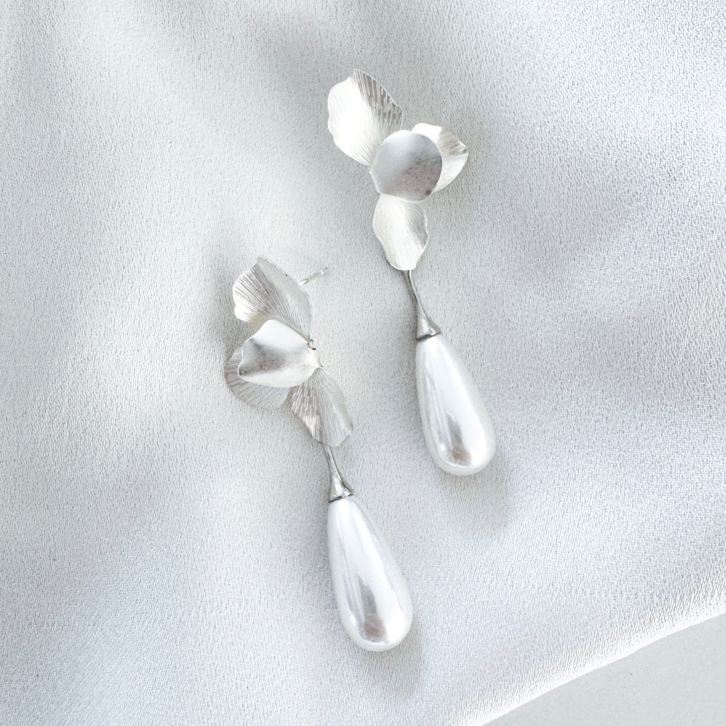 Silver Folded Flower Teardrop Pearl Earrings