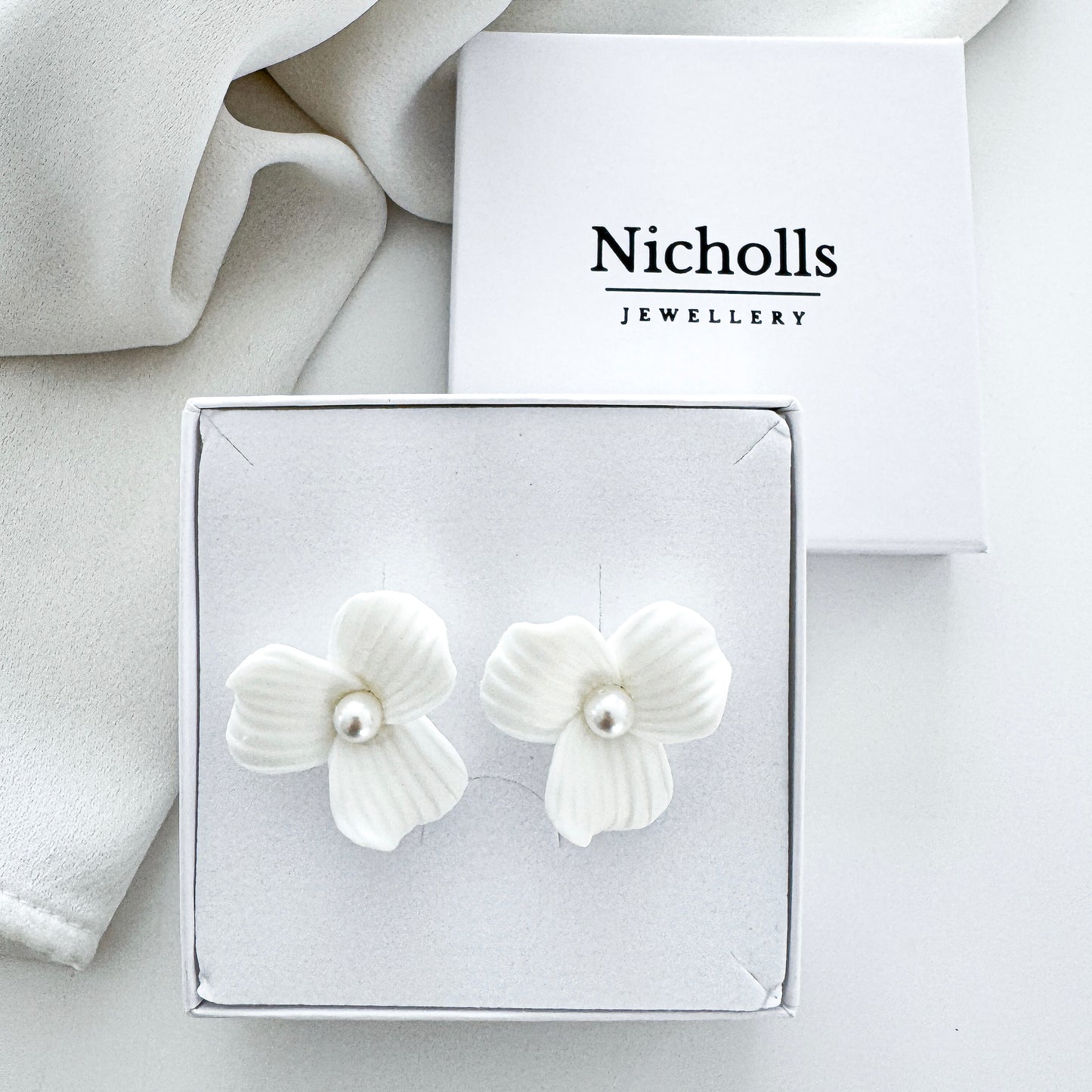 Delicate Porcelain Flower & Pearl Stud Earrings
