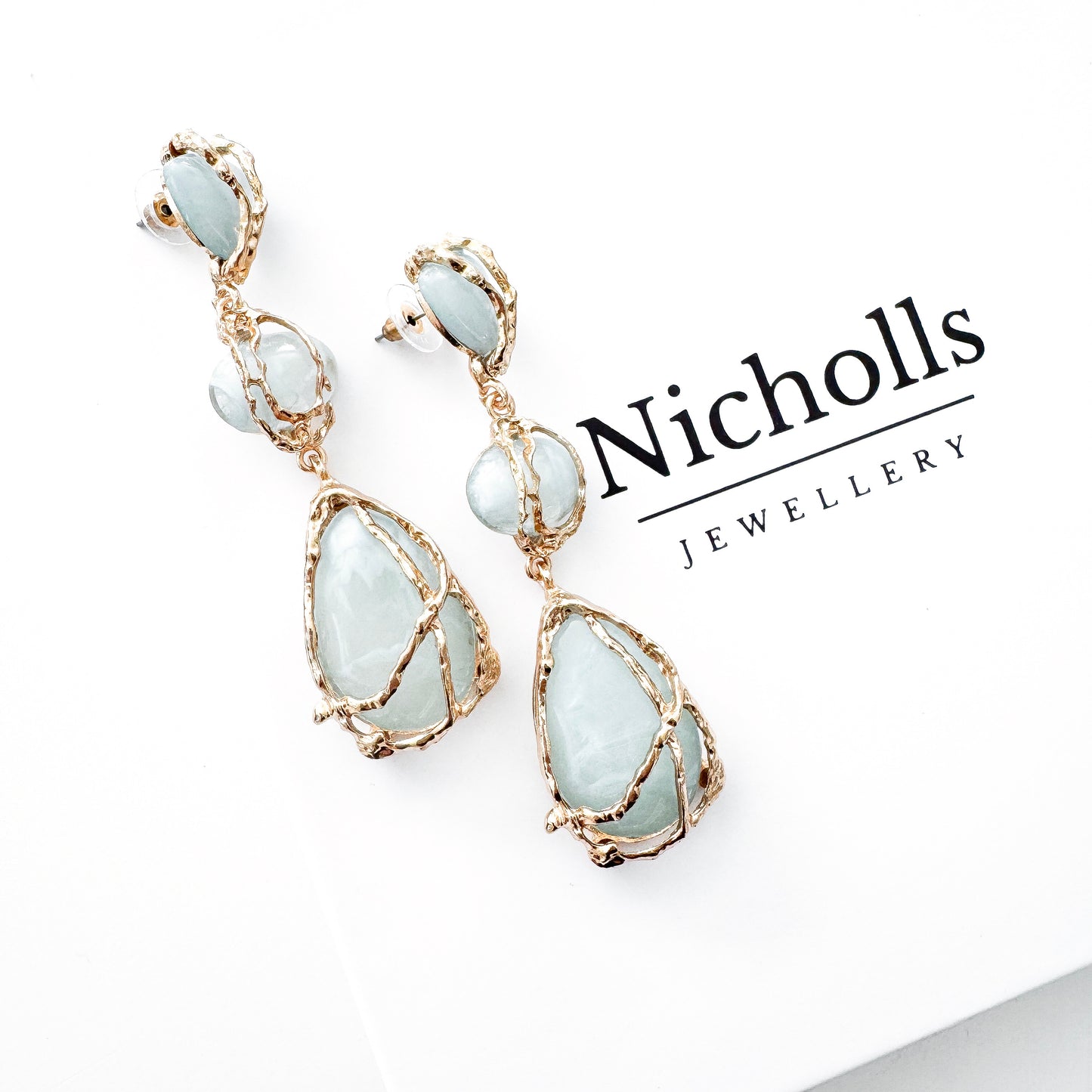 Gold Drip & Blue Grey Crystal Drop Earrings – Statement Party, Bridal & Christmas Jewellery
