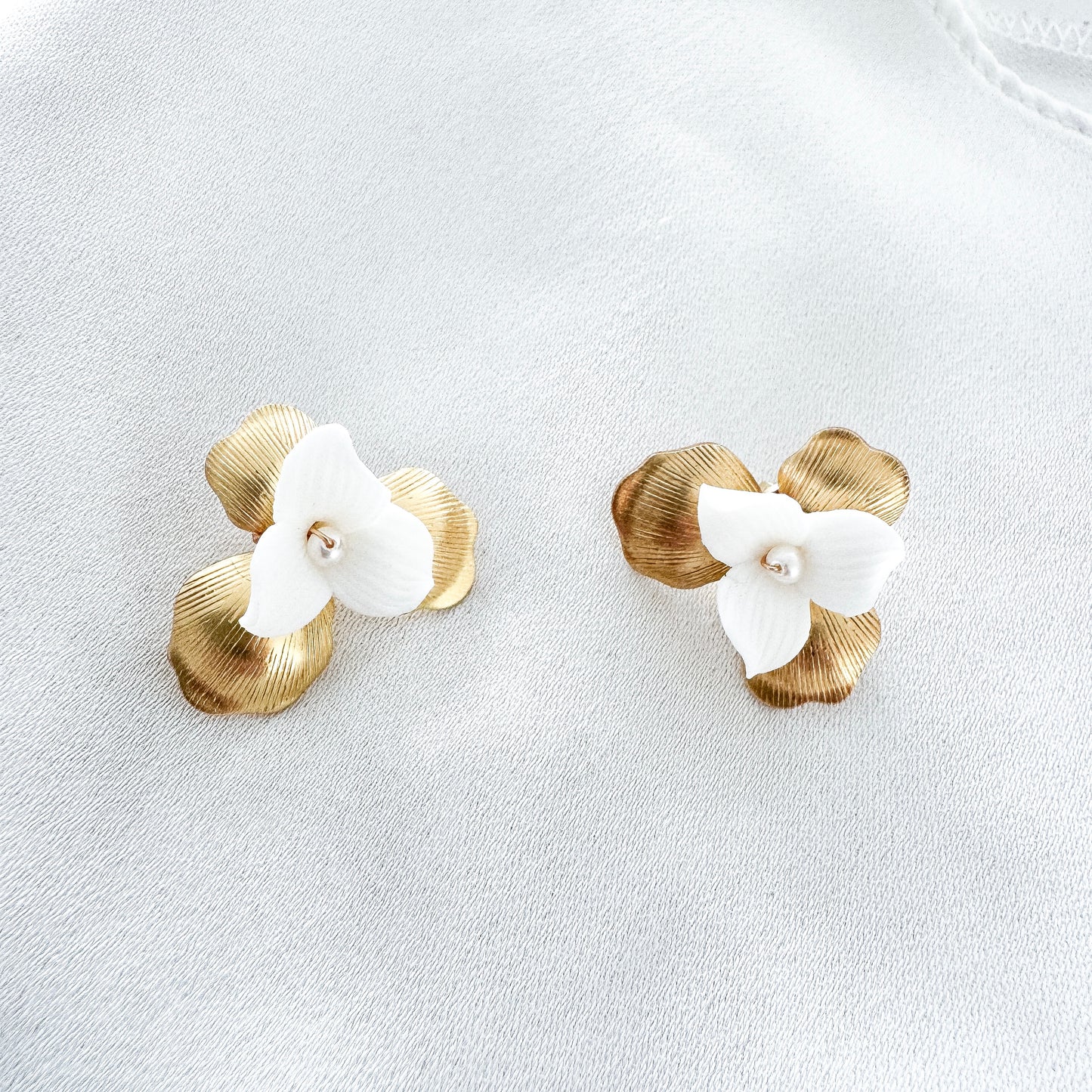 Gold Petal and Porcelain Flower Stud Earrings