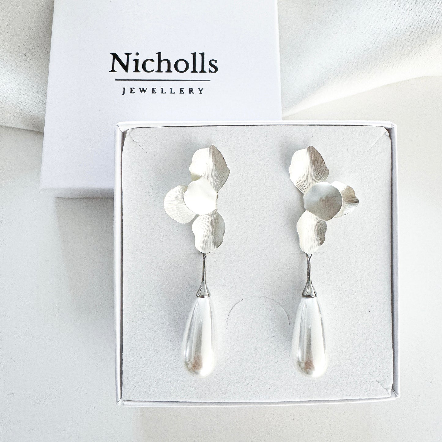 Silver Folded Flower Teardrop Pearl Earrings