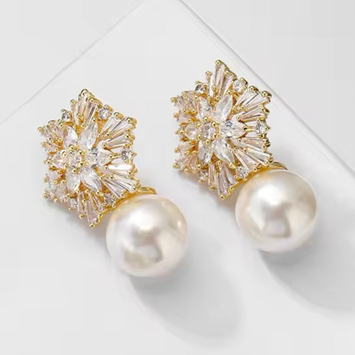 Snowflake Crystal Drop Pearl Gold Earrings