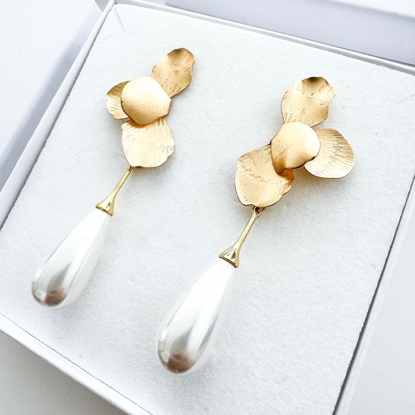 Gold Folded Flower and Teardrop Pearl Earrings