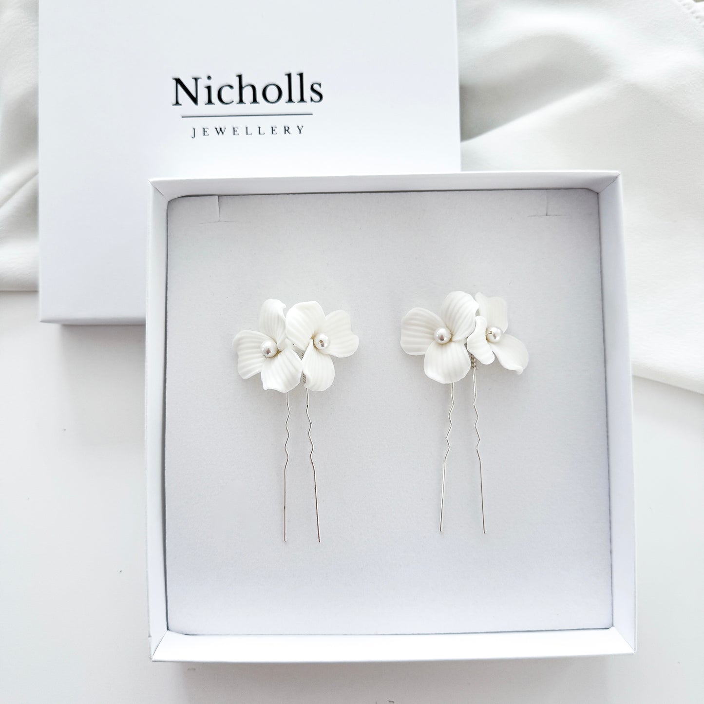 Delicate Porcelain Flower & Pearl Stud Earrings with matching Porcelain Flower Hair Pins