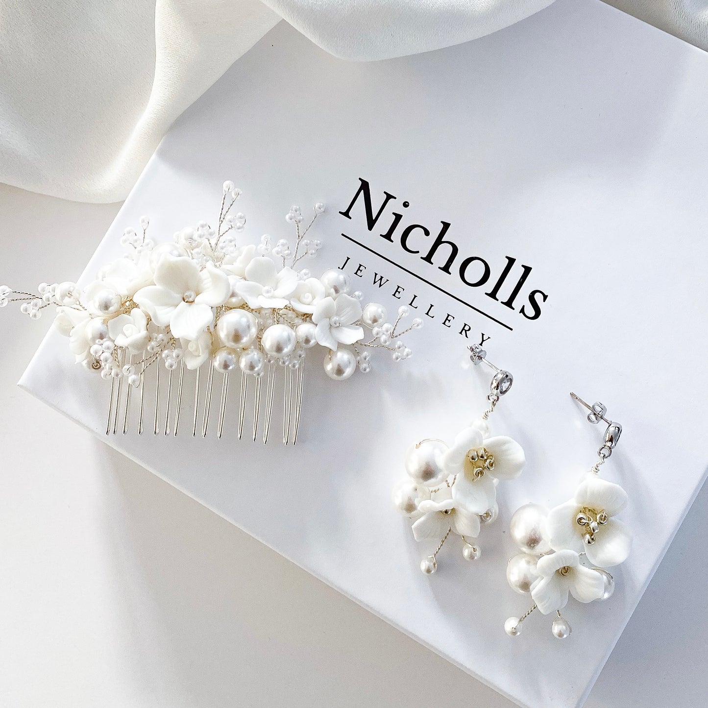Porcelain Flower and Pearl Spray Earring and Comb Set