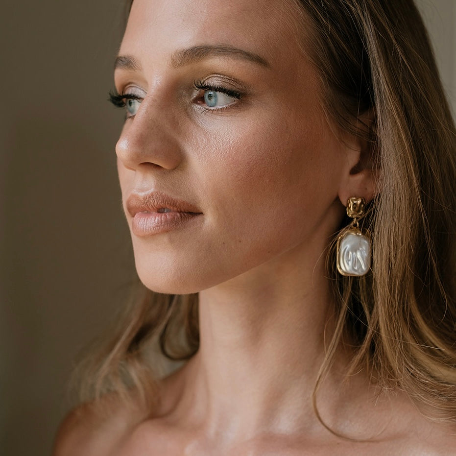 St Tropez Pearl and Gold Rectangle Earrings