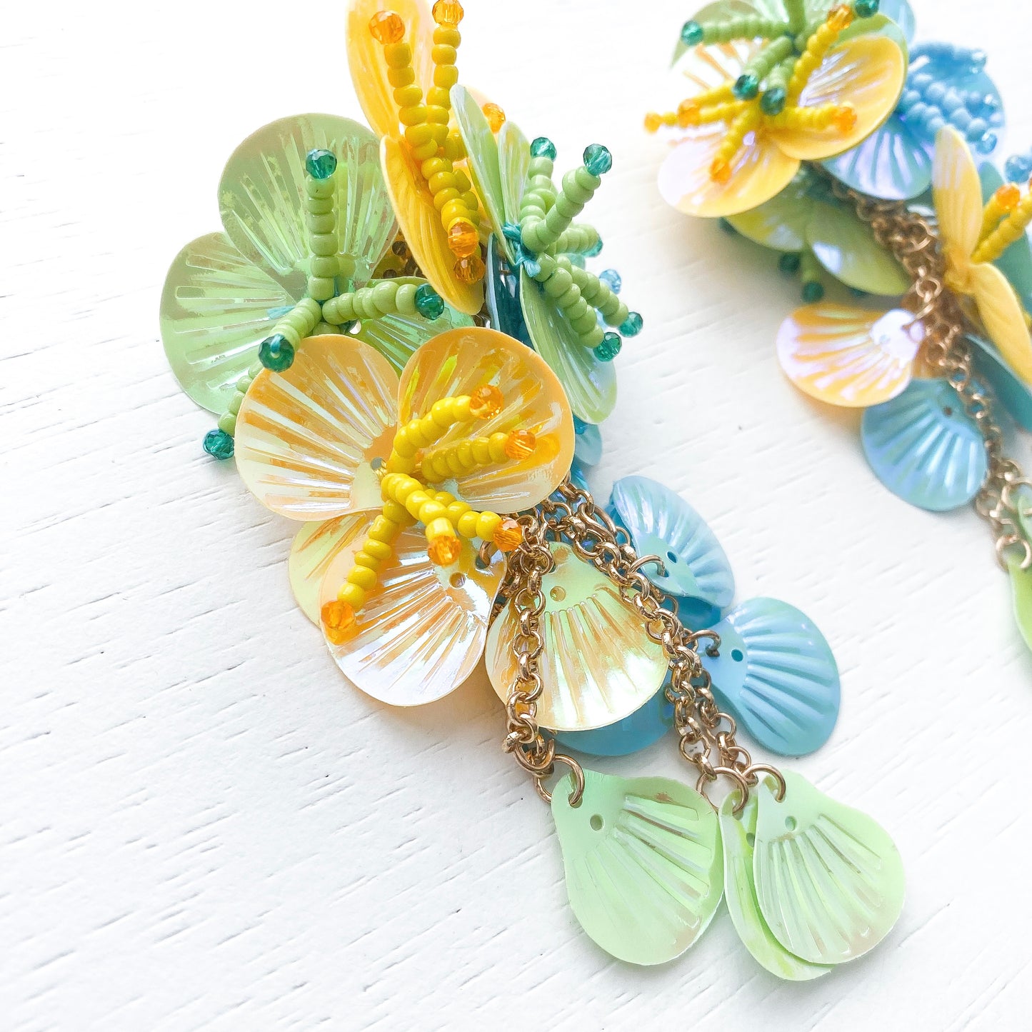 Flower Shell Green, Blue, Yellow Earrings