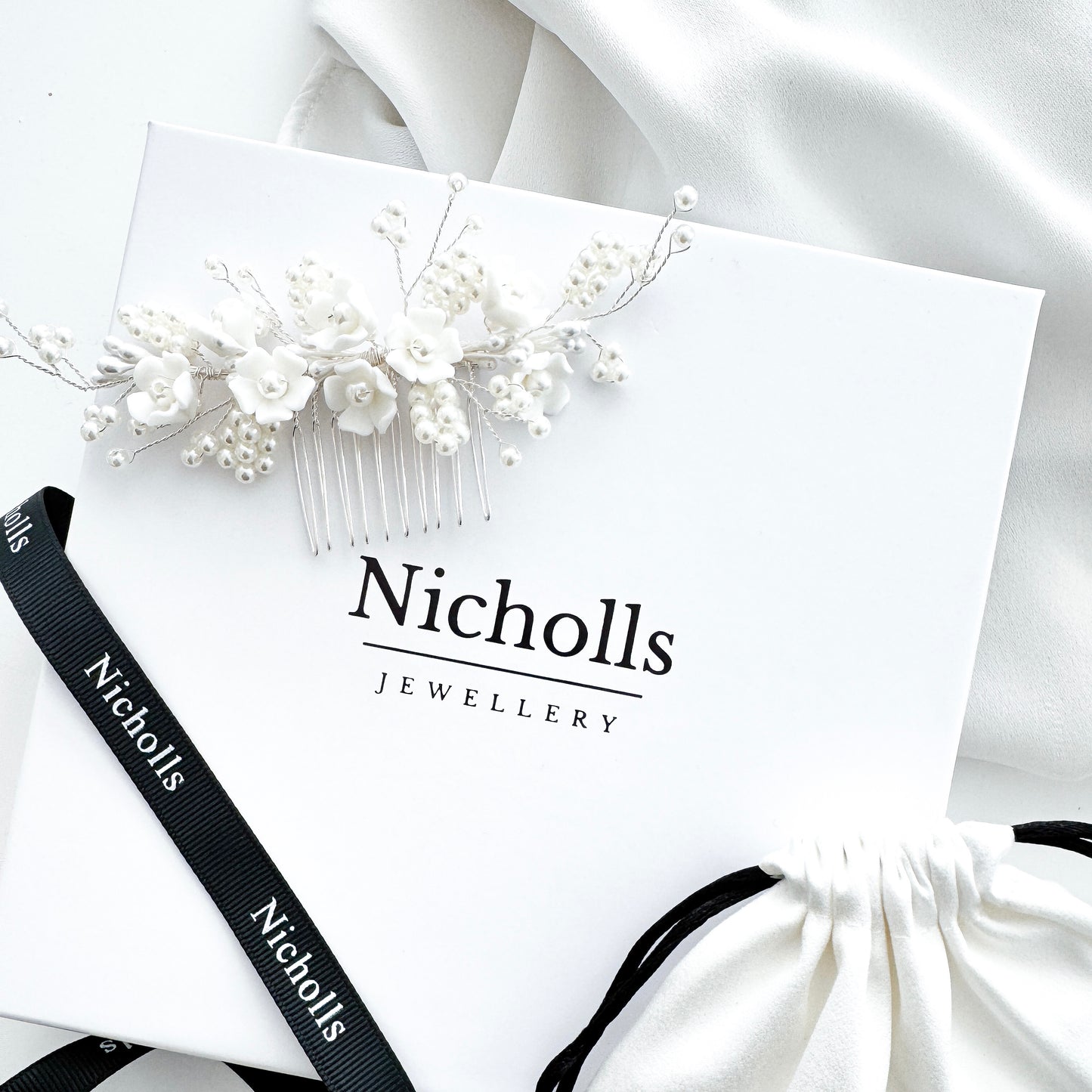 Wedding Bridal Hair Comb with Porcelain Flowers and Ball Pearls