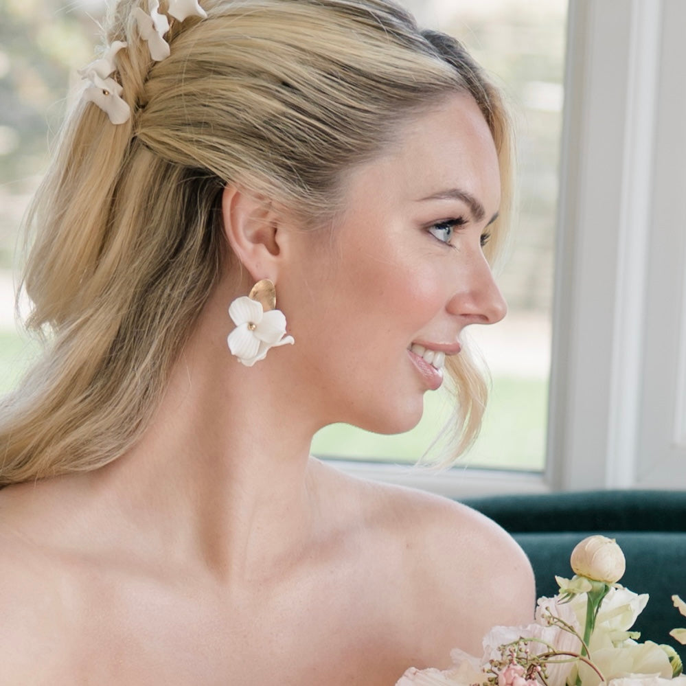 Dahlia Brushed Gold Oval Porcelain Flower Earrings