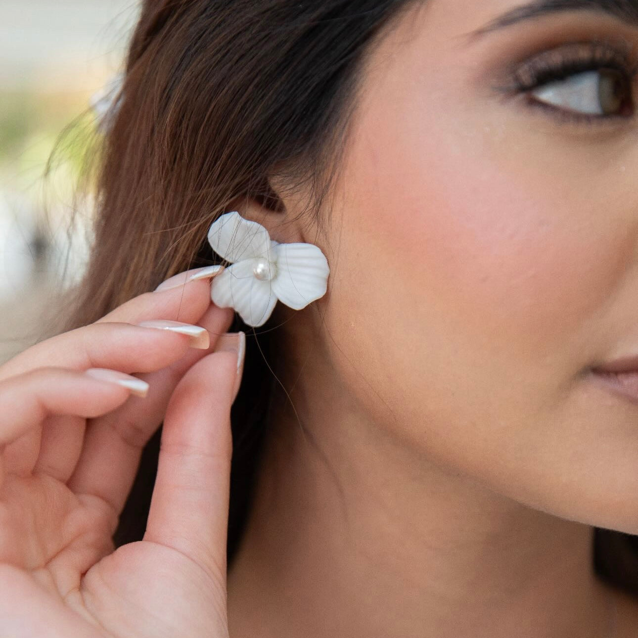 Delicate Porcelain Flower & Pearl Stud Earrings
