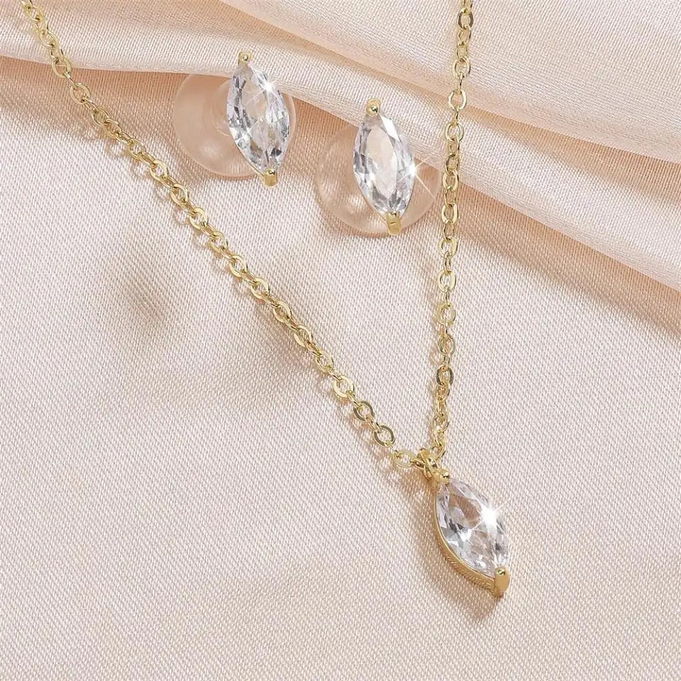 Marquise Crystal Necklace and Earring Set Gold