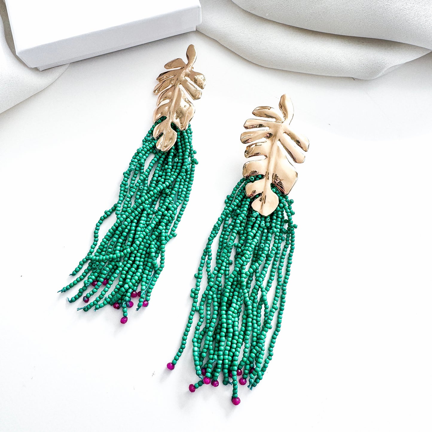Gold Leaf and Green Tassel Earrings