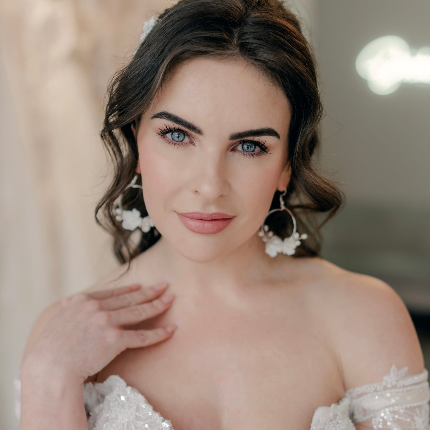 Porcelain Flower Pearl Spray Hoops
