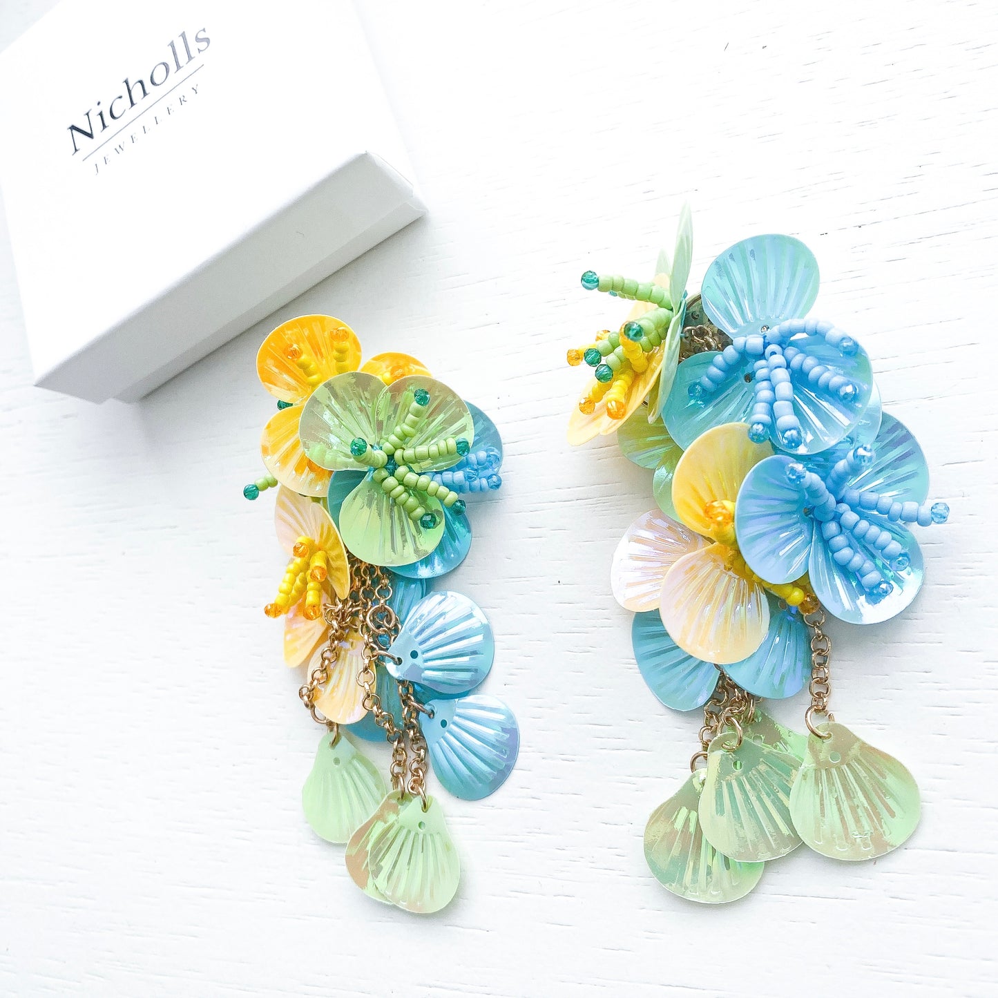 Flower Shell Green, Blue, Yellow Earrings