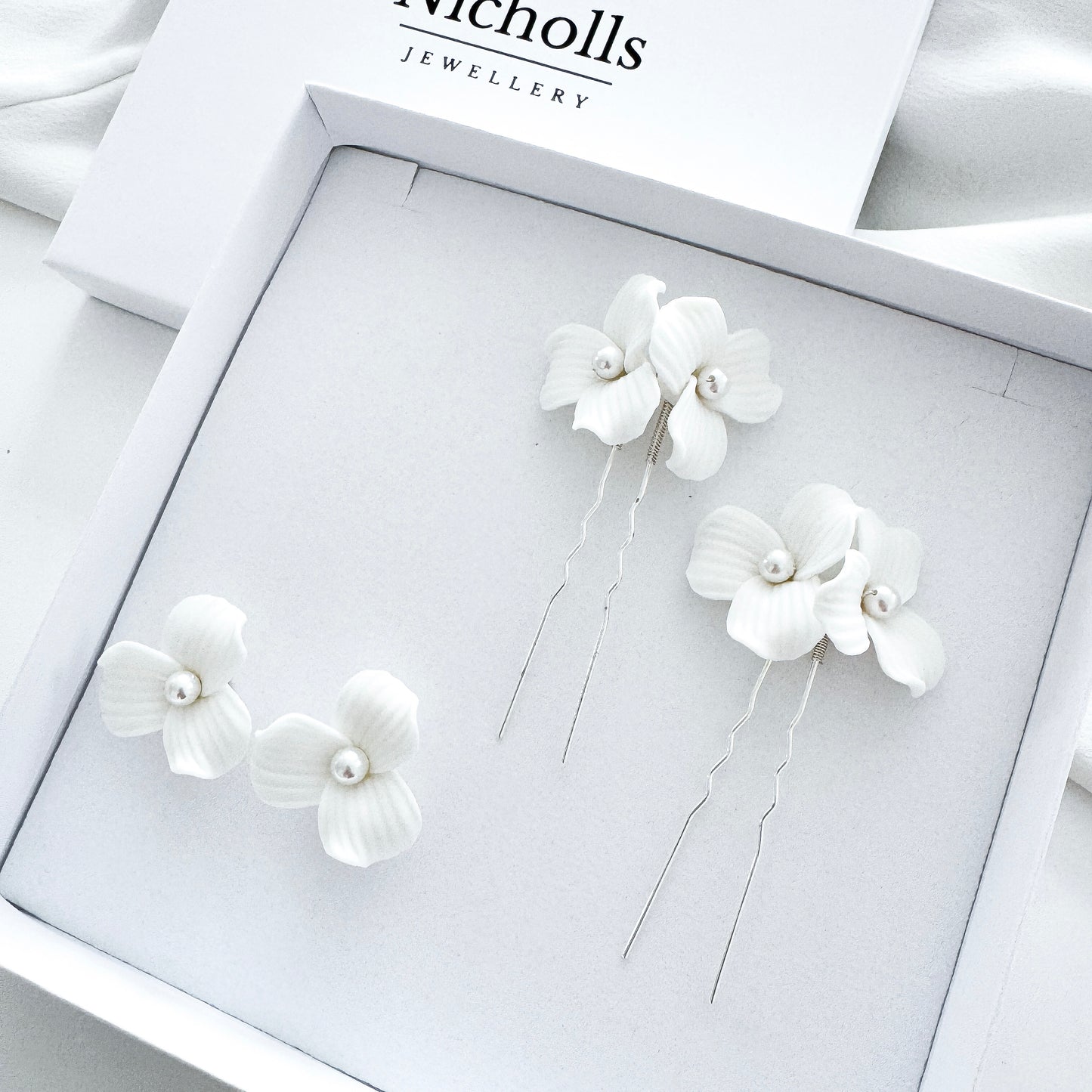 Delicate Porcelain Flower & Pearl Stud Earrings with matching Porcelain Flower Hair Pins