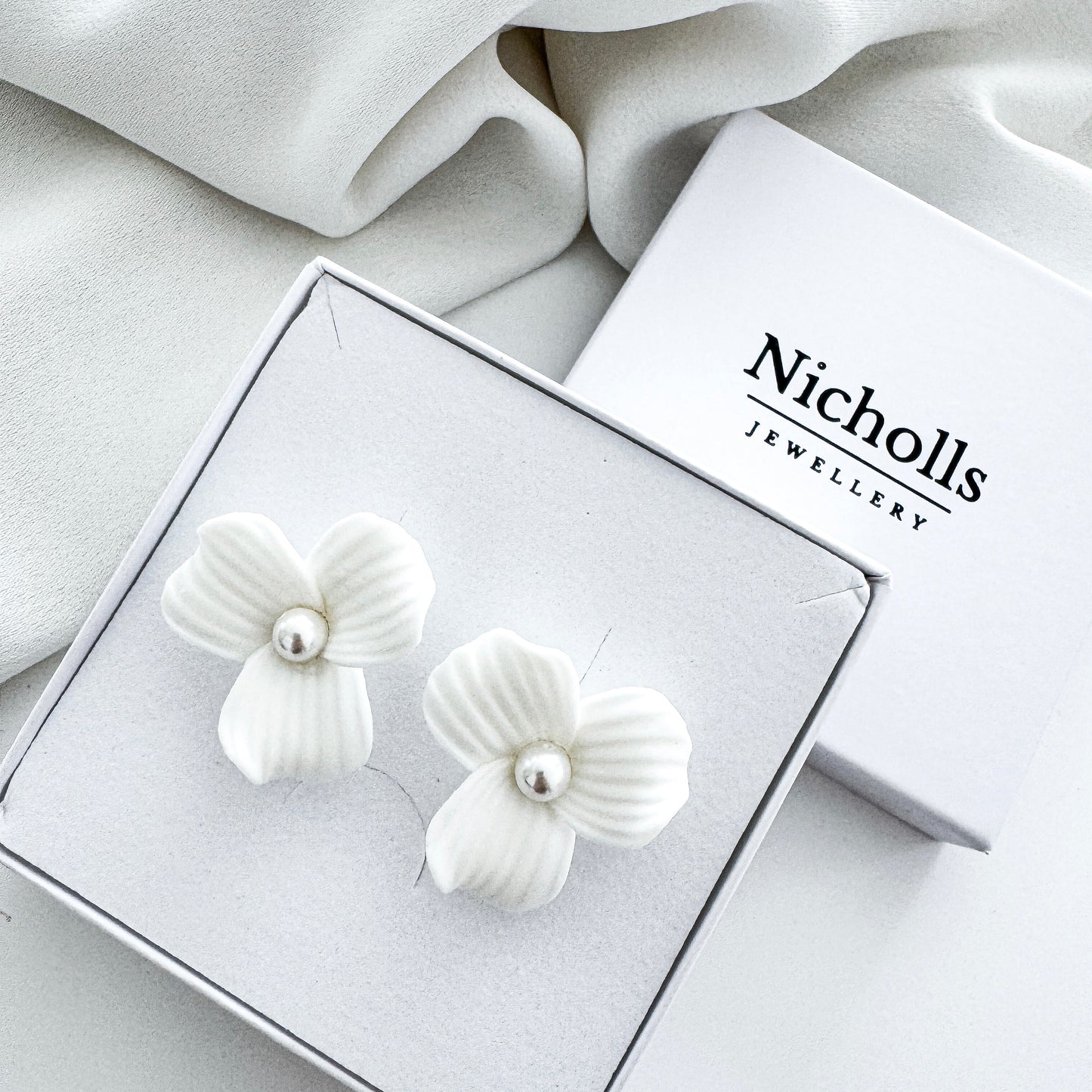 Delicate Porcelain Flower & Pearl Stud Earrings