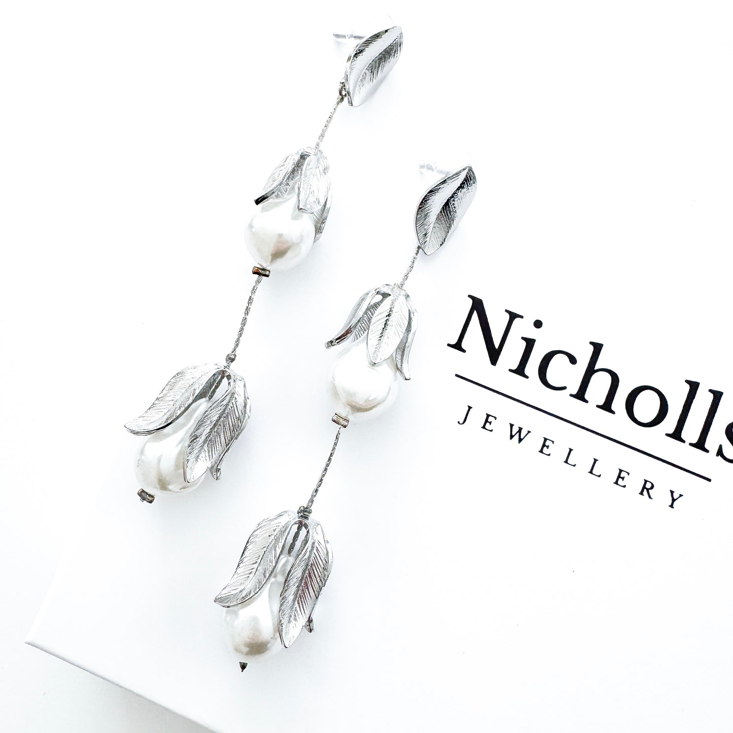Silver Leaf and Pearl Drop Earrings - Bridal, Holiday and Party Jewellery