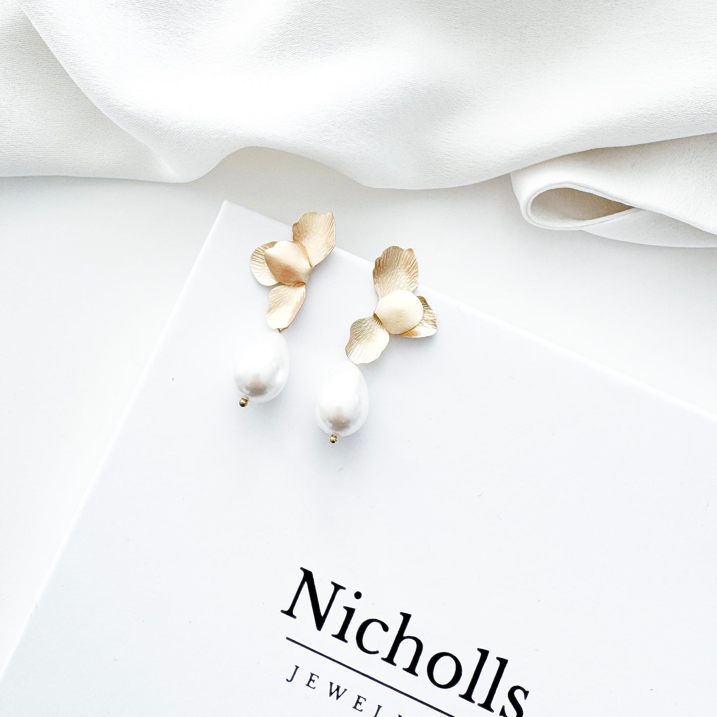 Gold Folded Flower Earrings with Chunky Teardrop