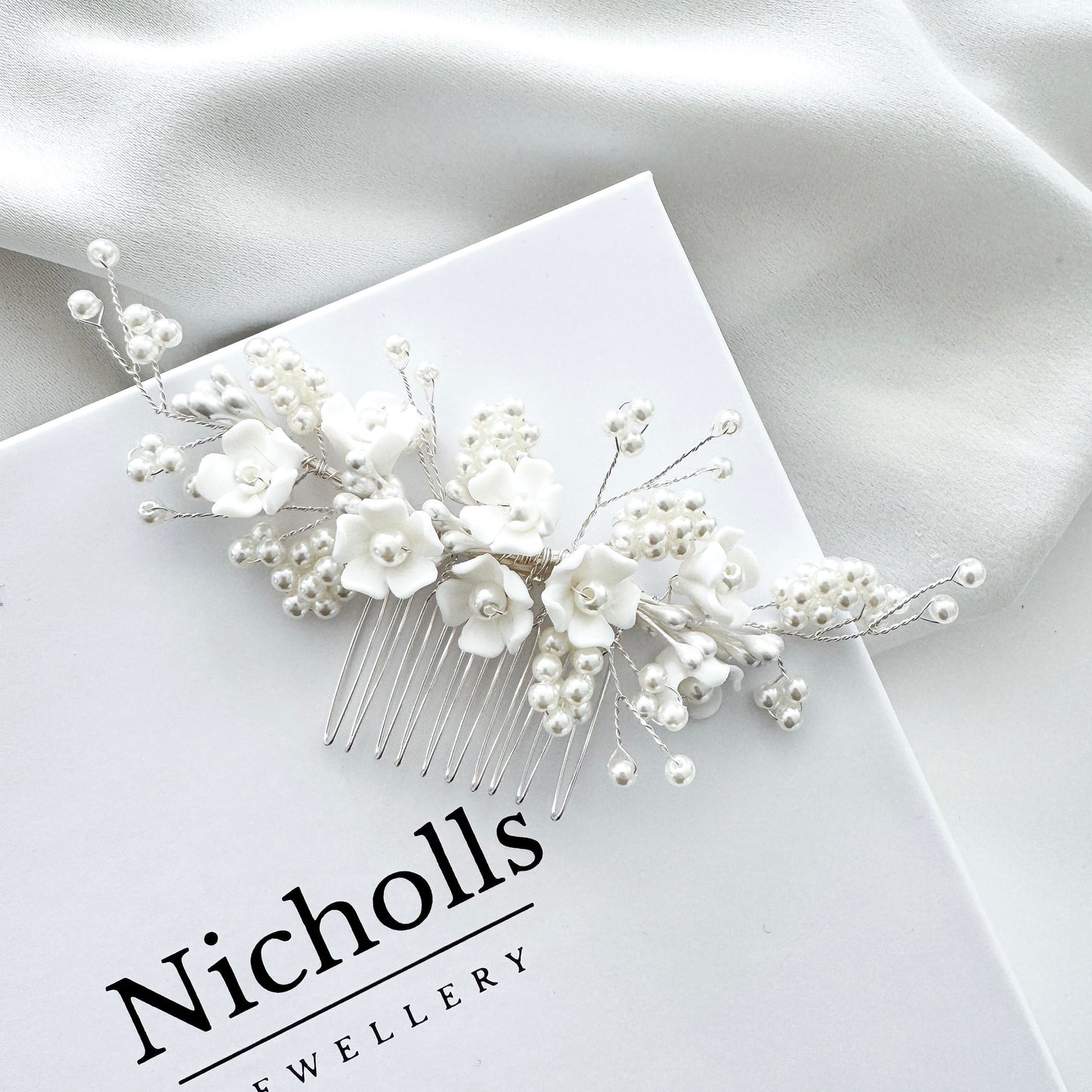 Wedding Bridal Hair Comb with Porcelain Flowers and Ball Pearls
