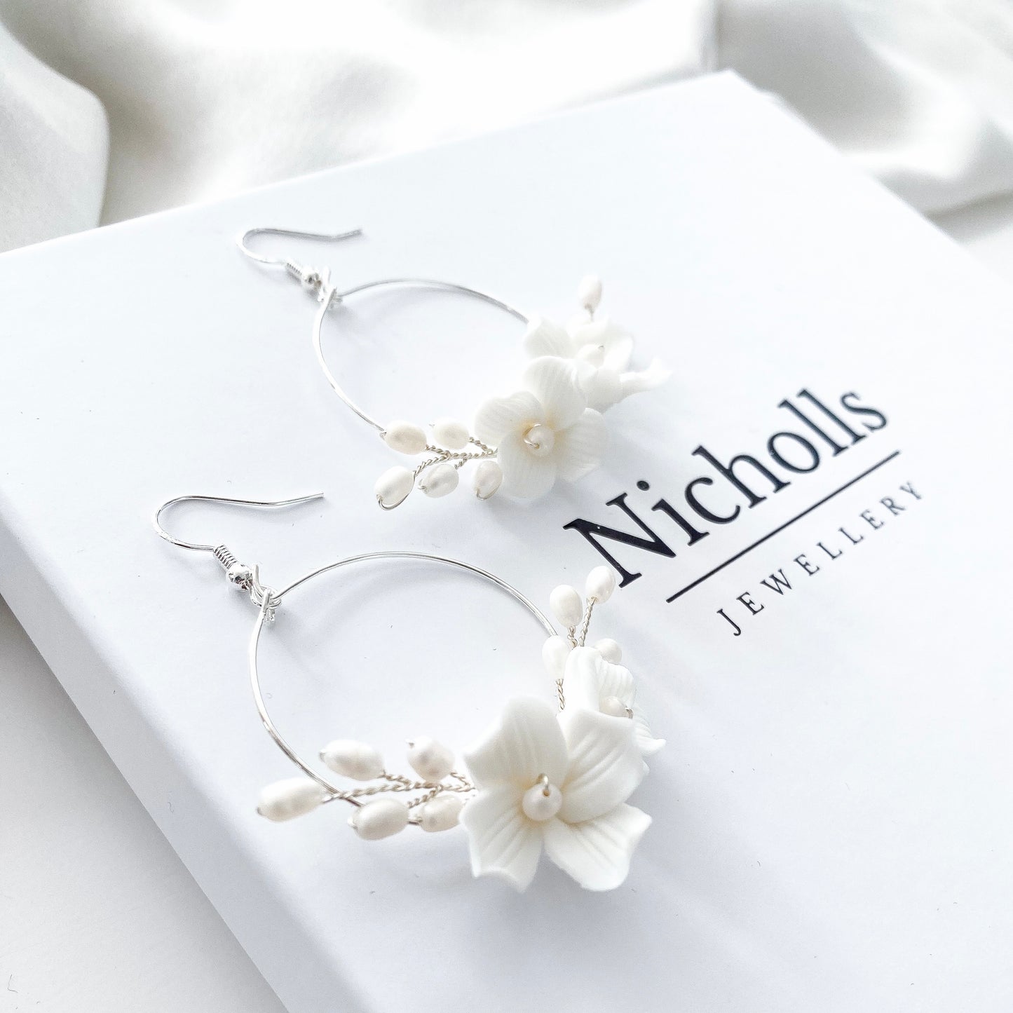 Porcelain Flower Pearl Spray Hoops