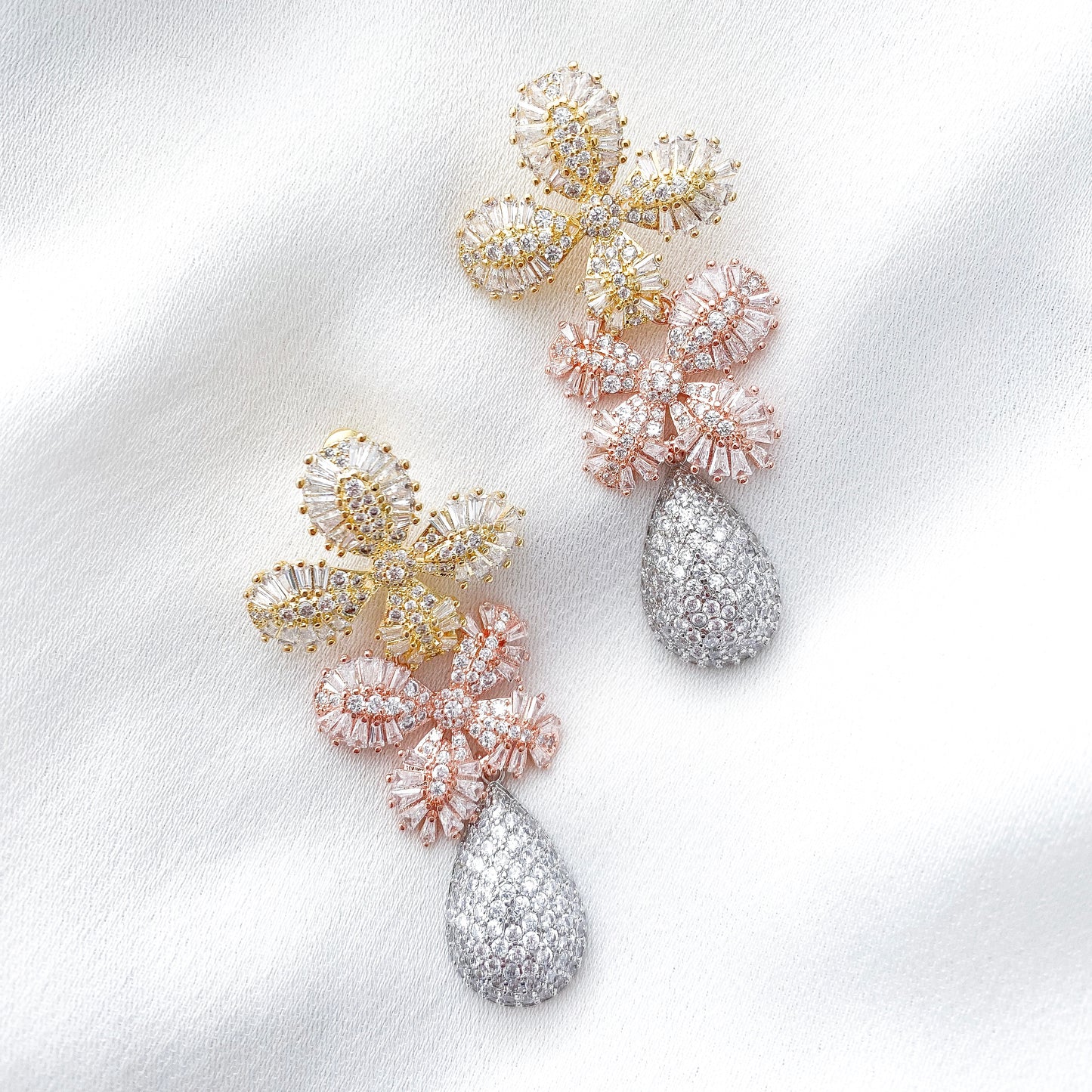 Deluxe Gold, Rose Gold and Silver Crystal Flower Earrings
