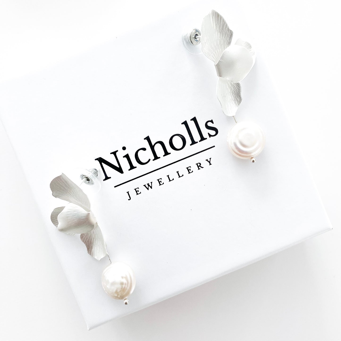 Silver Folded Flower Pearl Earrings