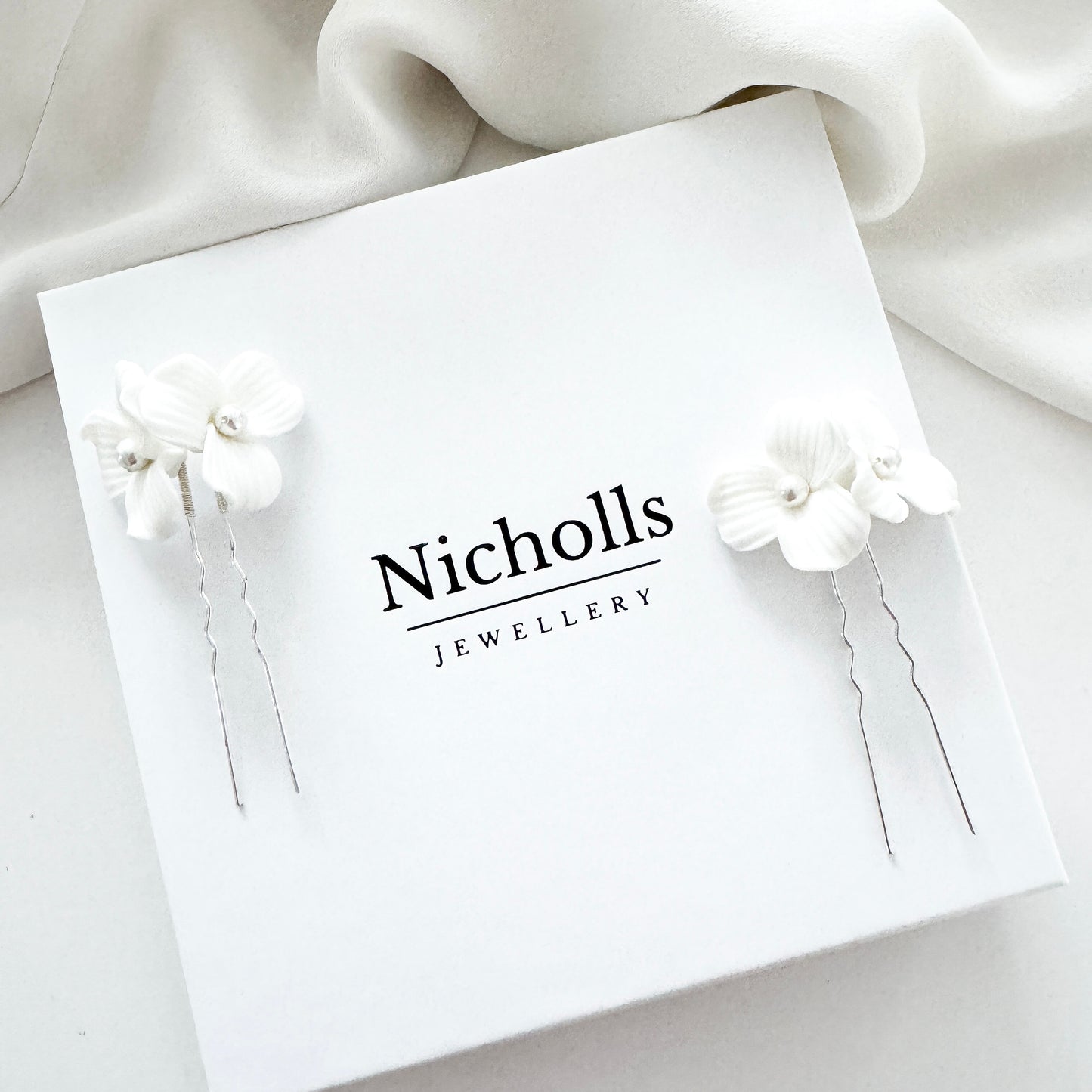 Delicate Porcelain Flower & Pearl Stud Earrings with matching Porcelain Flower Hair Pins