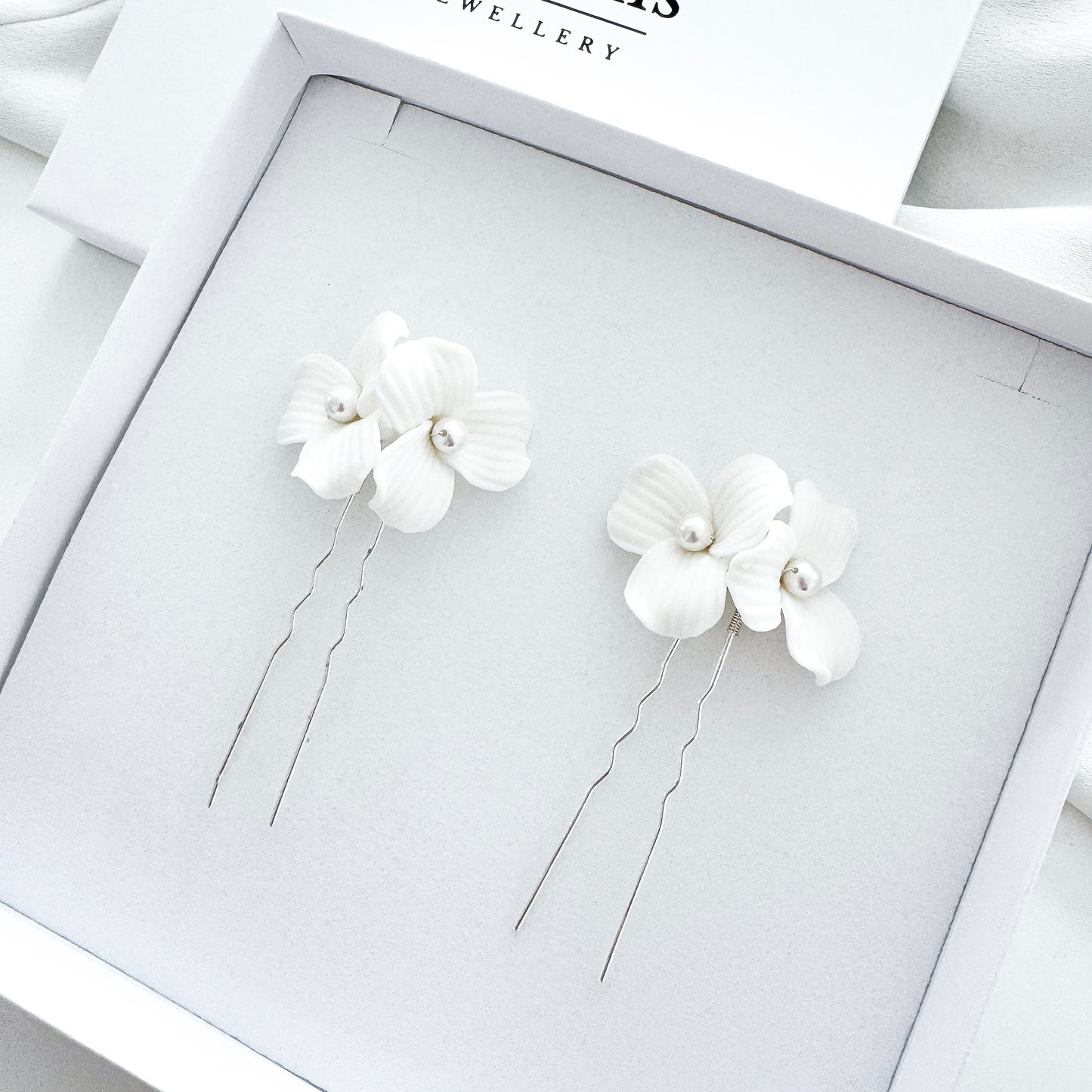 Delicate Porcelain Flower & Pearl Stud Earrings with matching Porcelain Flower Hair Pins